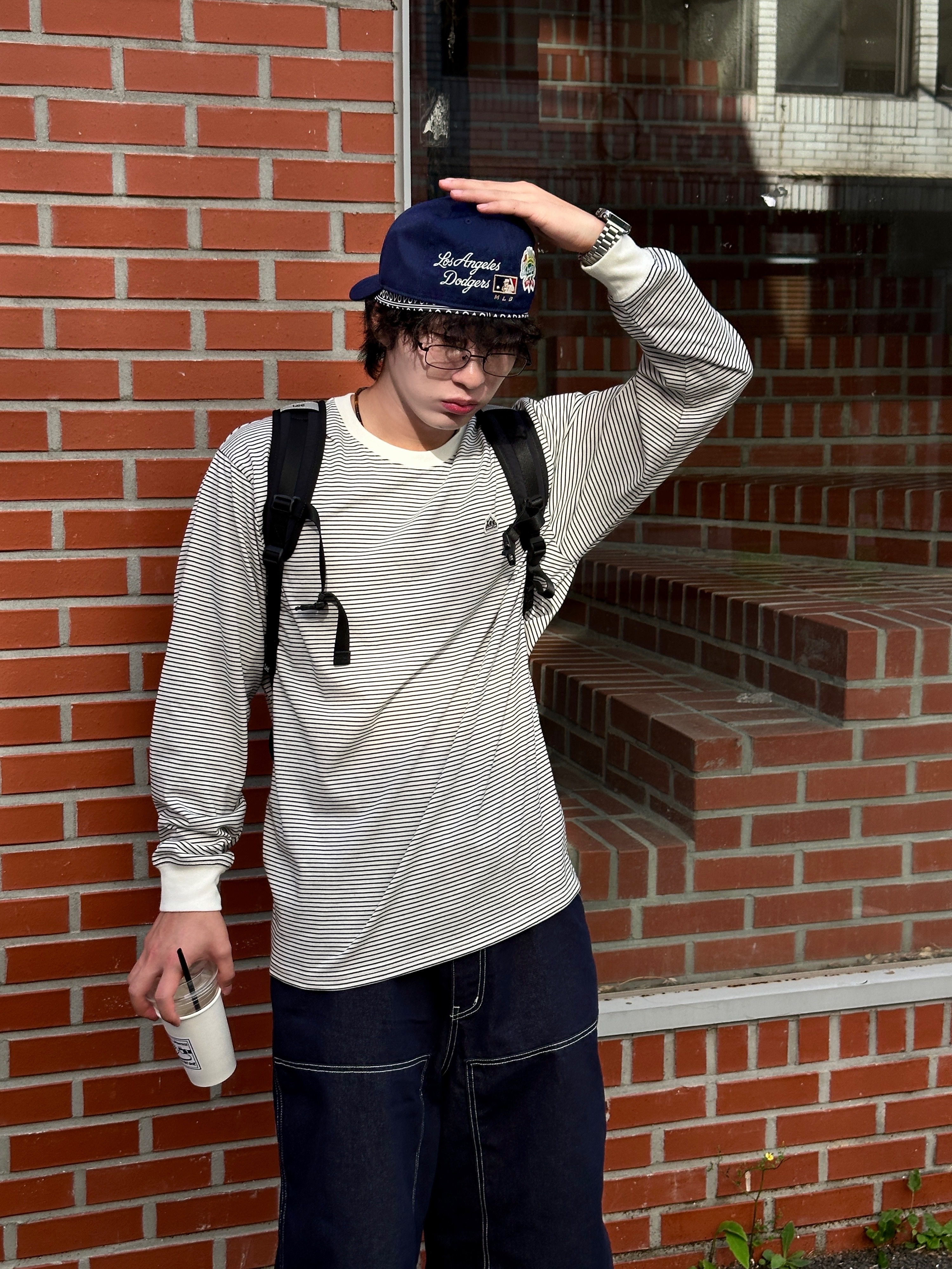 MLB Signature Patch Structured Ball Cap Los Angeles Dodgers Navy, Romantic Move Oat Mountain Oil Black 착용 스타일 - 4