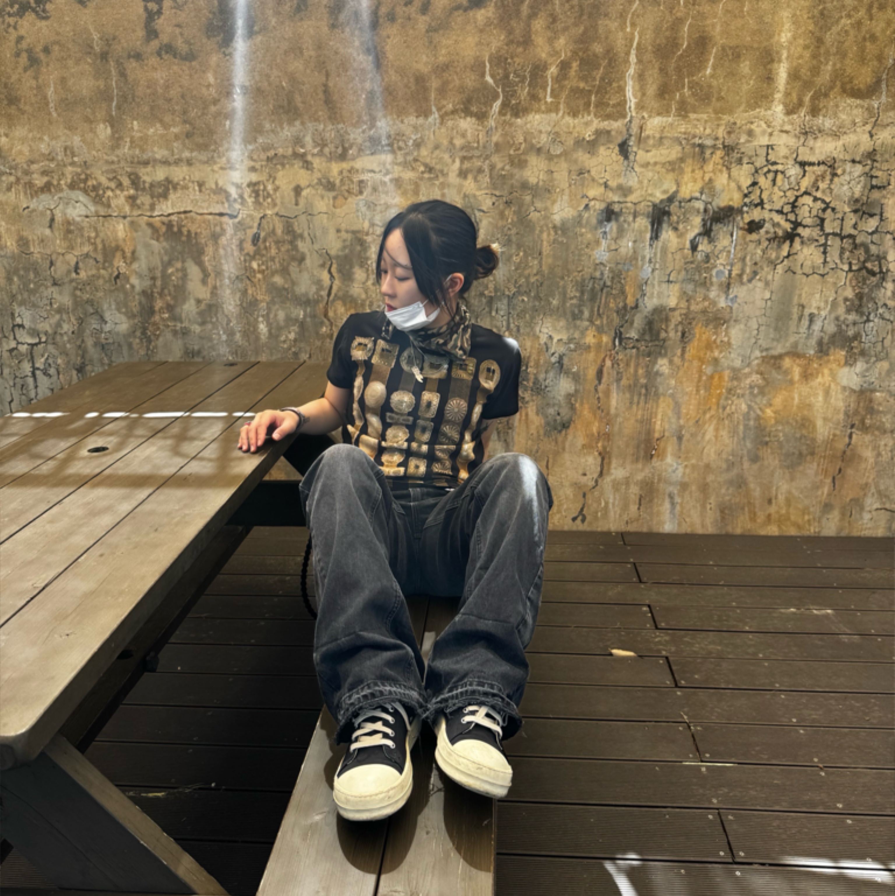 Kapital 20 Crew T-Shirt Black, Hysteric Glamour You Pay Necklace Silver 착용 스타일 - 1