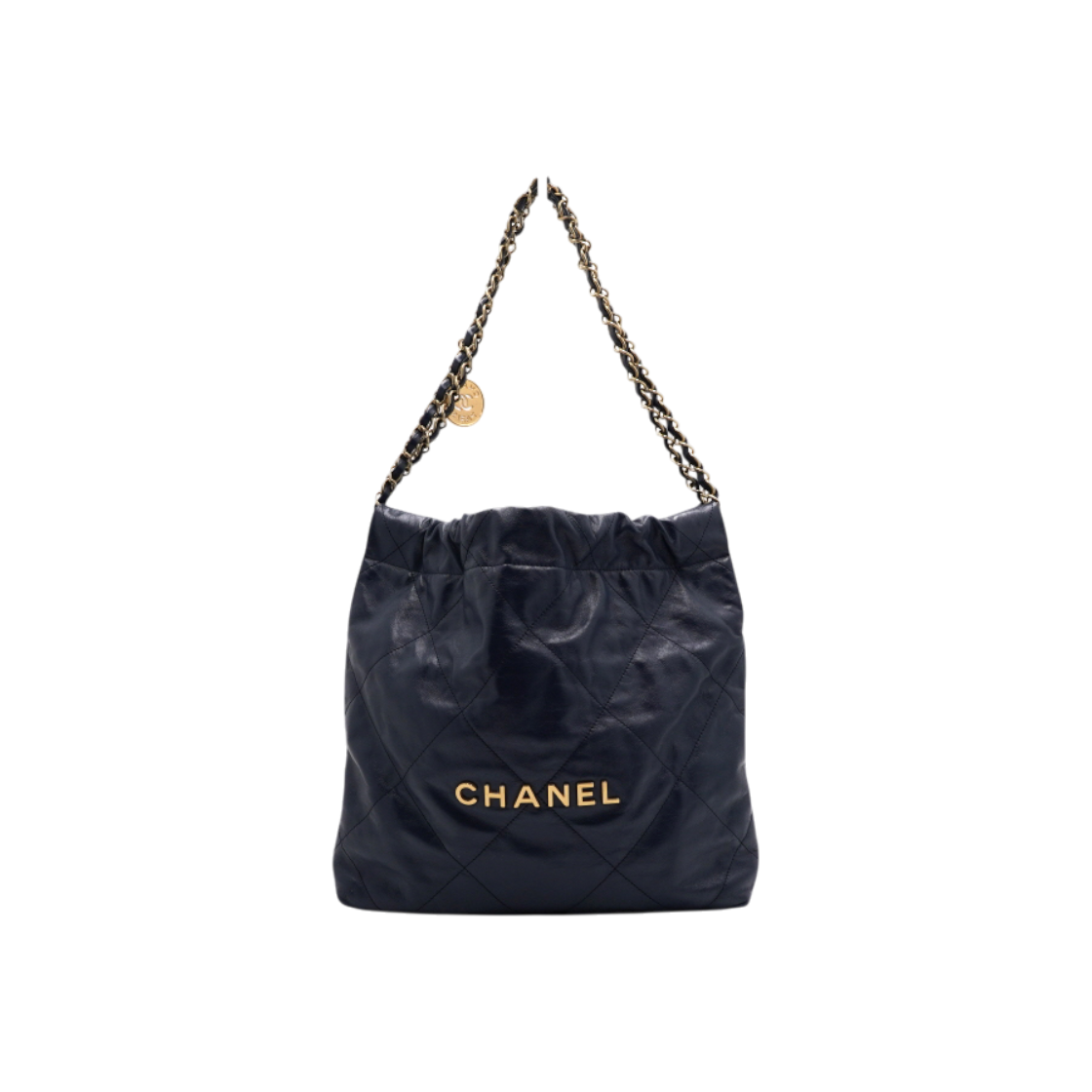 IT63ETWLIQG7 Chanel Navy Calfskin Gold Metal Chain Small 22 Bag Tote Shoulder Bag