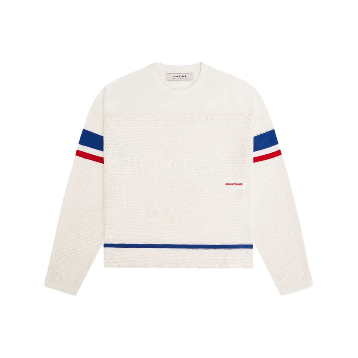 [KREAM 단독] 어바웃 블랭크 니티드 하키 탑 오트 레드 블루 - 26FW([KREAM 단독] About:Blank Knitted Hockey Top Oat Red Blue - 26FW)