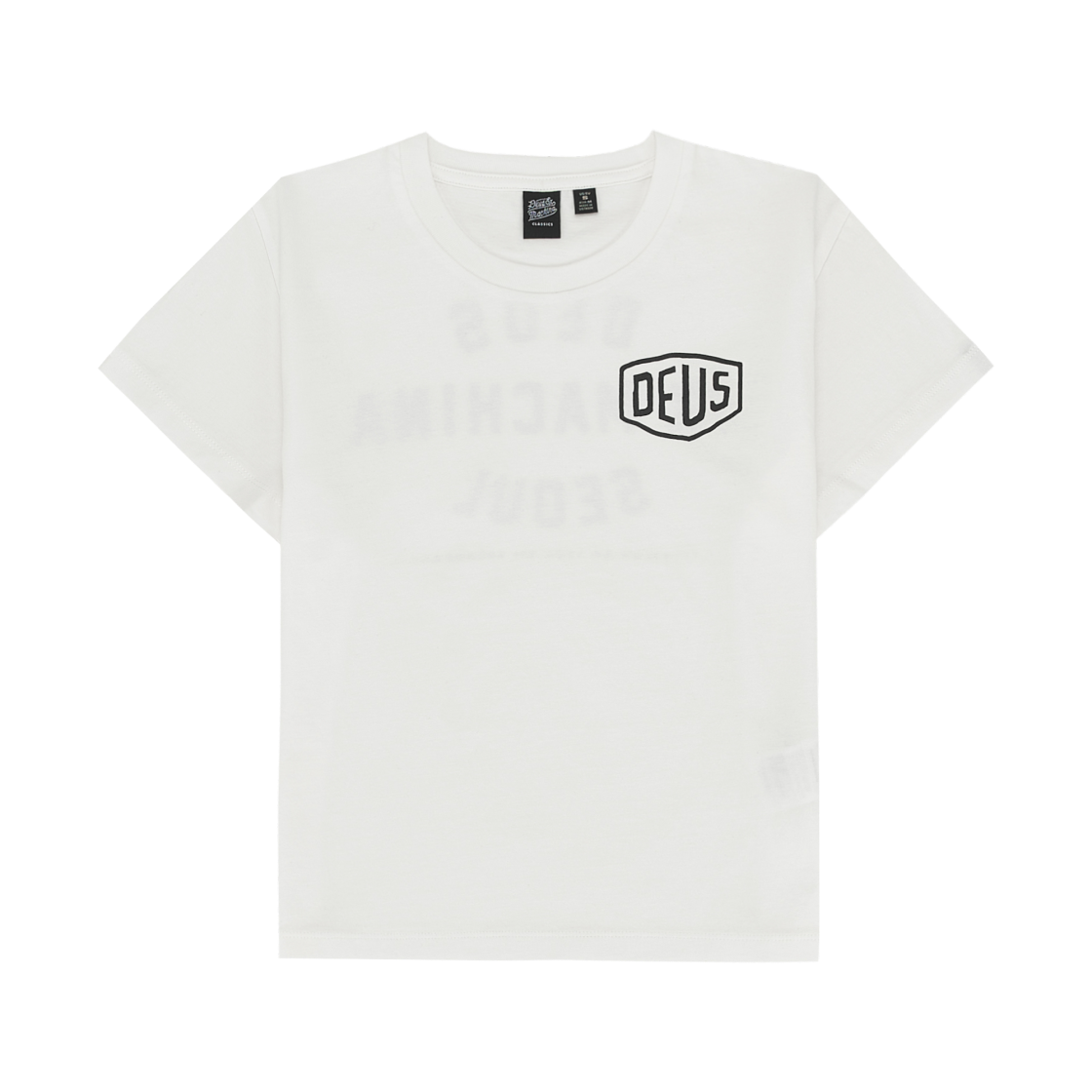 (W) 데우스 엑스 마키나 서울 컬리지 어드레스 크롭 티셔츠 화이트((W) Deus Ex Machina Seoul College Address Crop T-Shirt White)