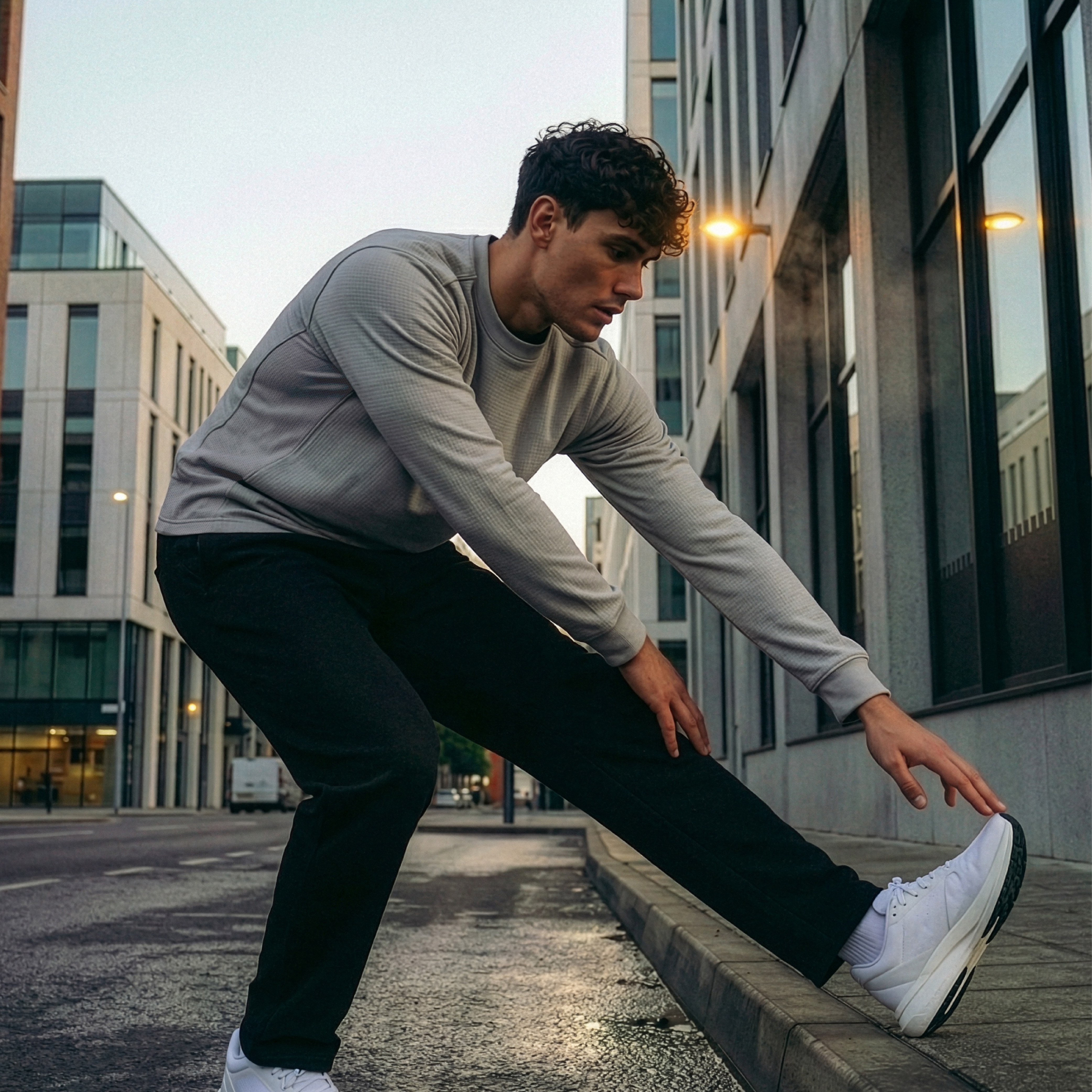 FCMM SPORT Side Mesh Point Waffle Long Sleeve Gray, FCMM SPORT Comfort Waffle Sweatpants Black 착용 스타일 - 2