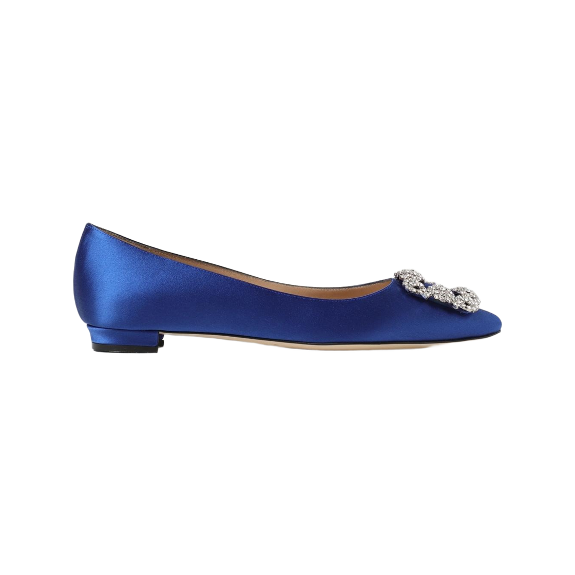 9XX-0347-4326 (W) Manolo Blahnik Hangisi Satin Jewel Buckle Flat Blue
