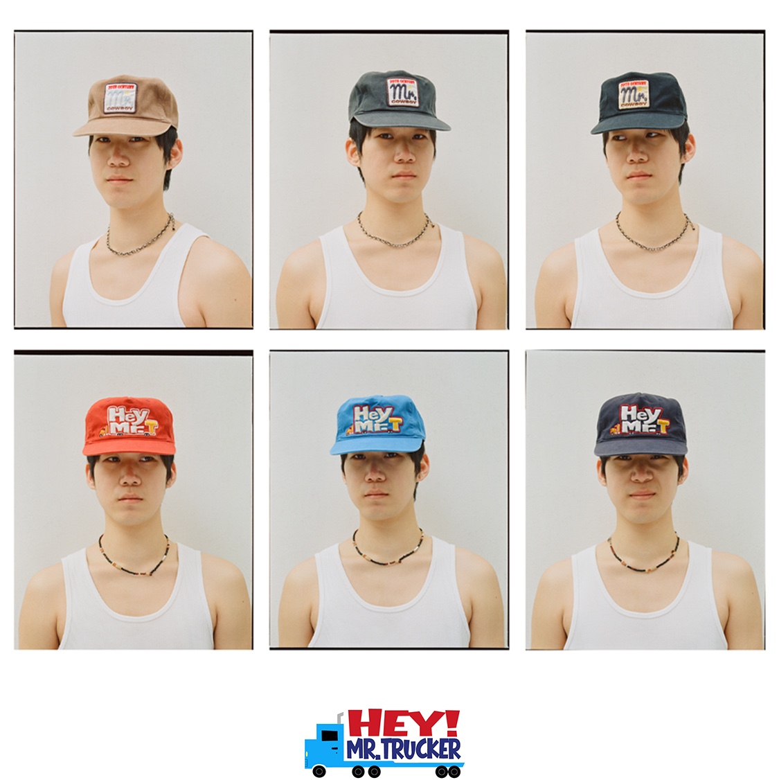 HEY! MR.TRUCKER New Cowboy 5panel Cap Hay Brown, HEY! MR.TRUCKER Safe Truck 5panel Cap Highway Blue 착용 스타일