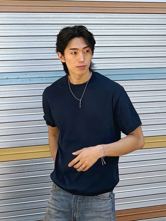 Knitted Shelron Cooling Single Crop Round Knit Navy 착용 스타일