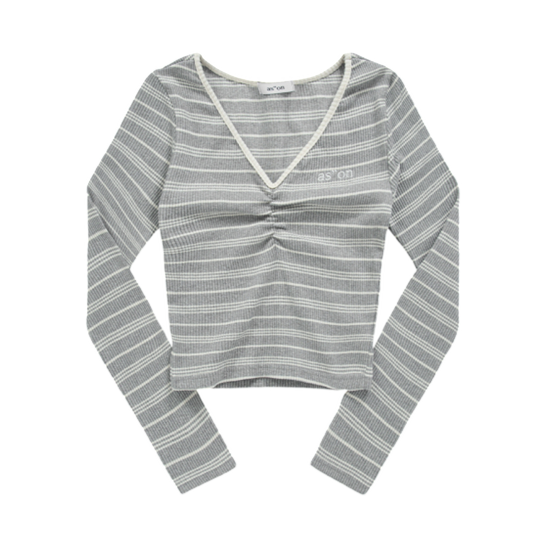 (W) 애즈온 발렌타인 스트라이프 셔링 티셔츠 그레이((W) Ason Bumble Stripe Shirring T-Shirt Gray)