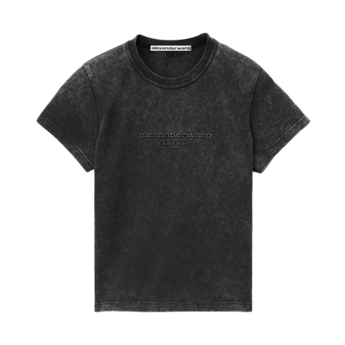 (W) 알렉산더 왕 로고 엠보싱 애시드 워시 슈렁큰 티셔츠 블랙((W) Alexander Wang Logo Embossed Acid Wash Shrunken T-Shirt Black)