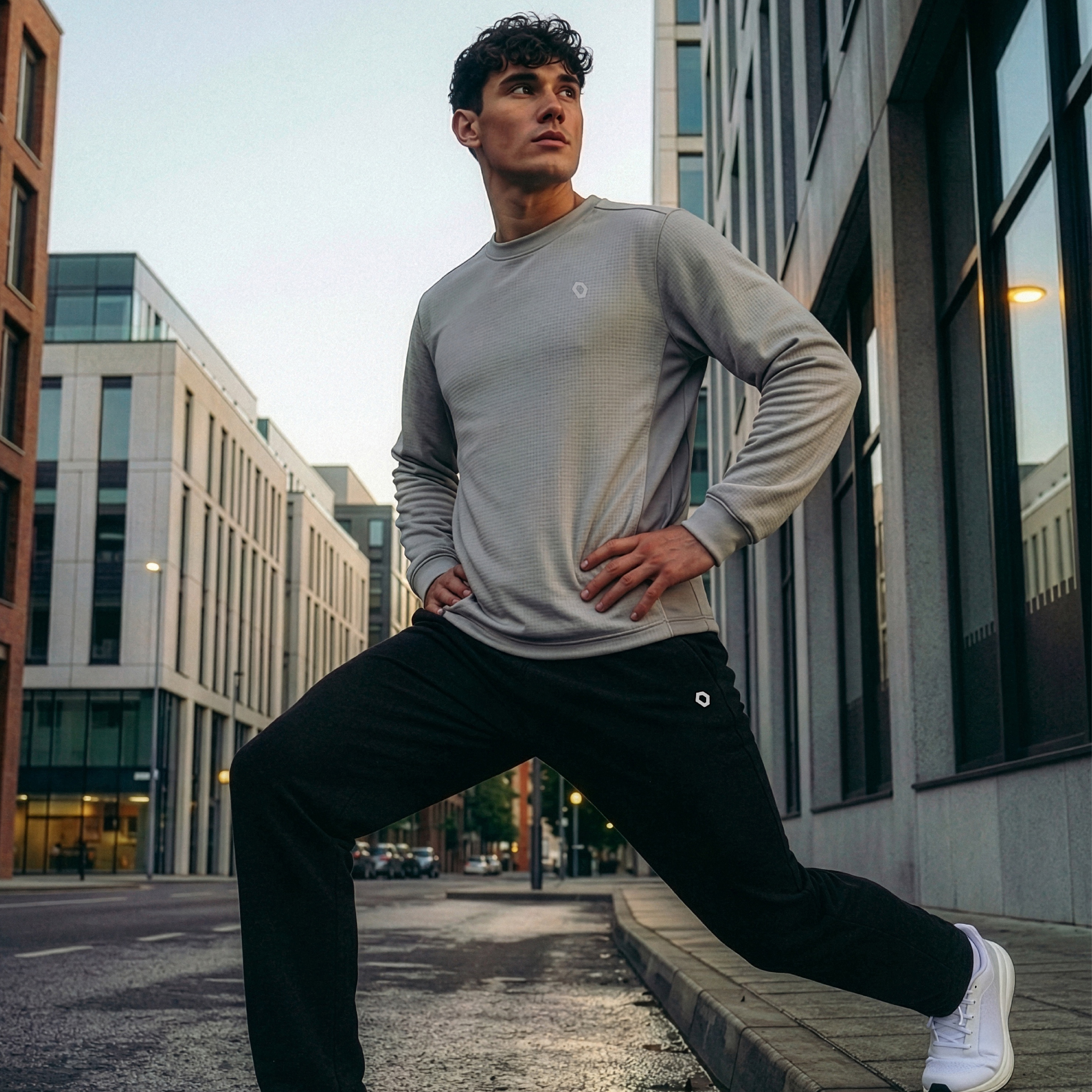 FCMM SPORT Side Mesh Point Waffle Long Sleeve Gray, FCMM SPORT Comfort Waffle Sweatpants Black 착용 스타일 - 1