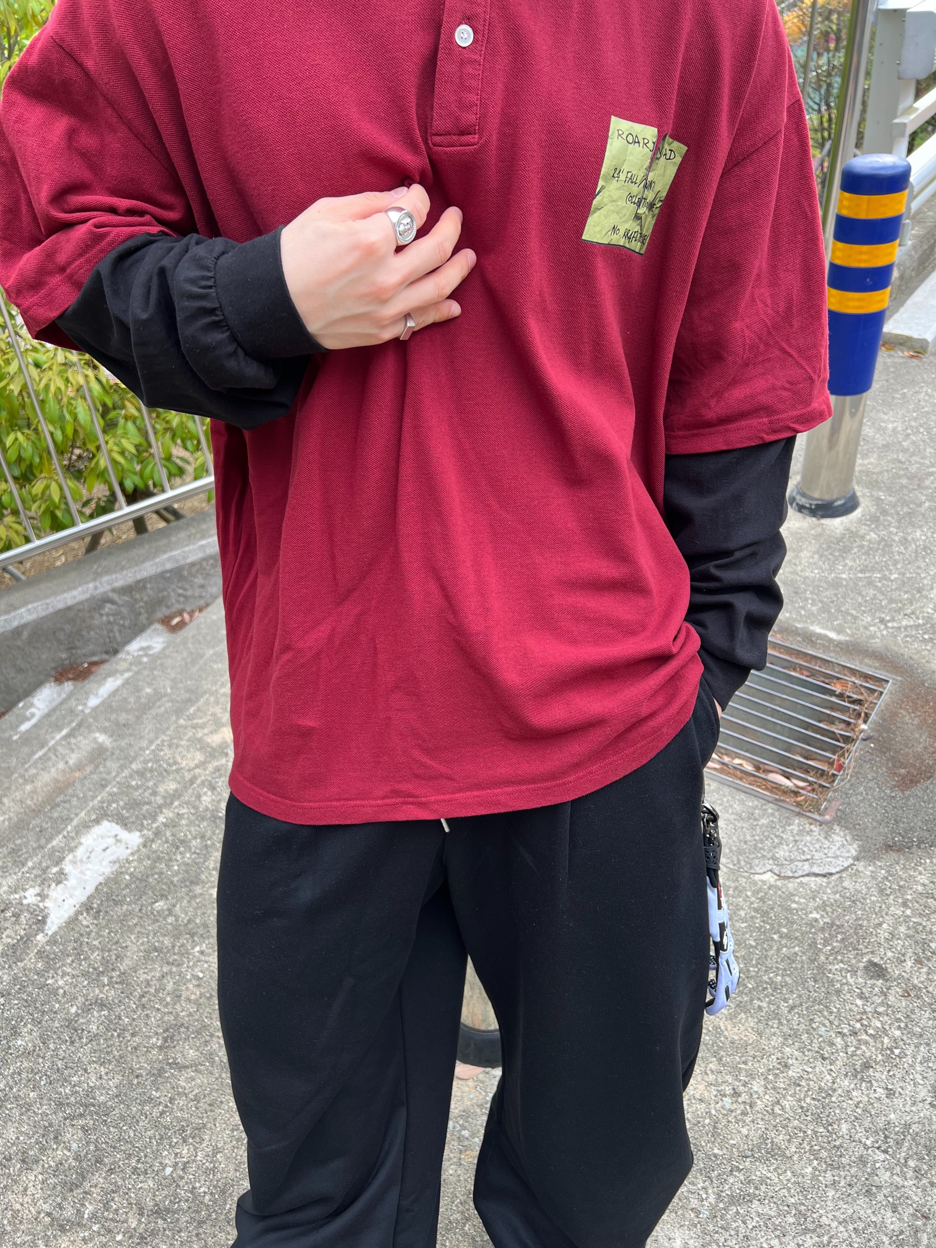 ROARINGRAD Layred PK Long Sleeve Burgundy, DEFINE Special Project Curved Sweat Pants Mono Black 착용 스타일 - 8