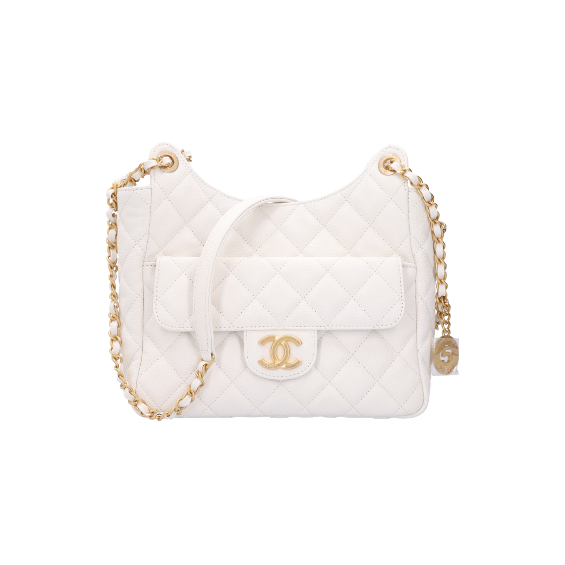 ITA9IQD83W5K Chanel 23C Pocket Chain Hobo Bag in Grained Calfskin White & Gold Metal