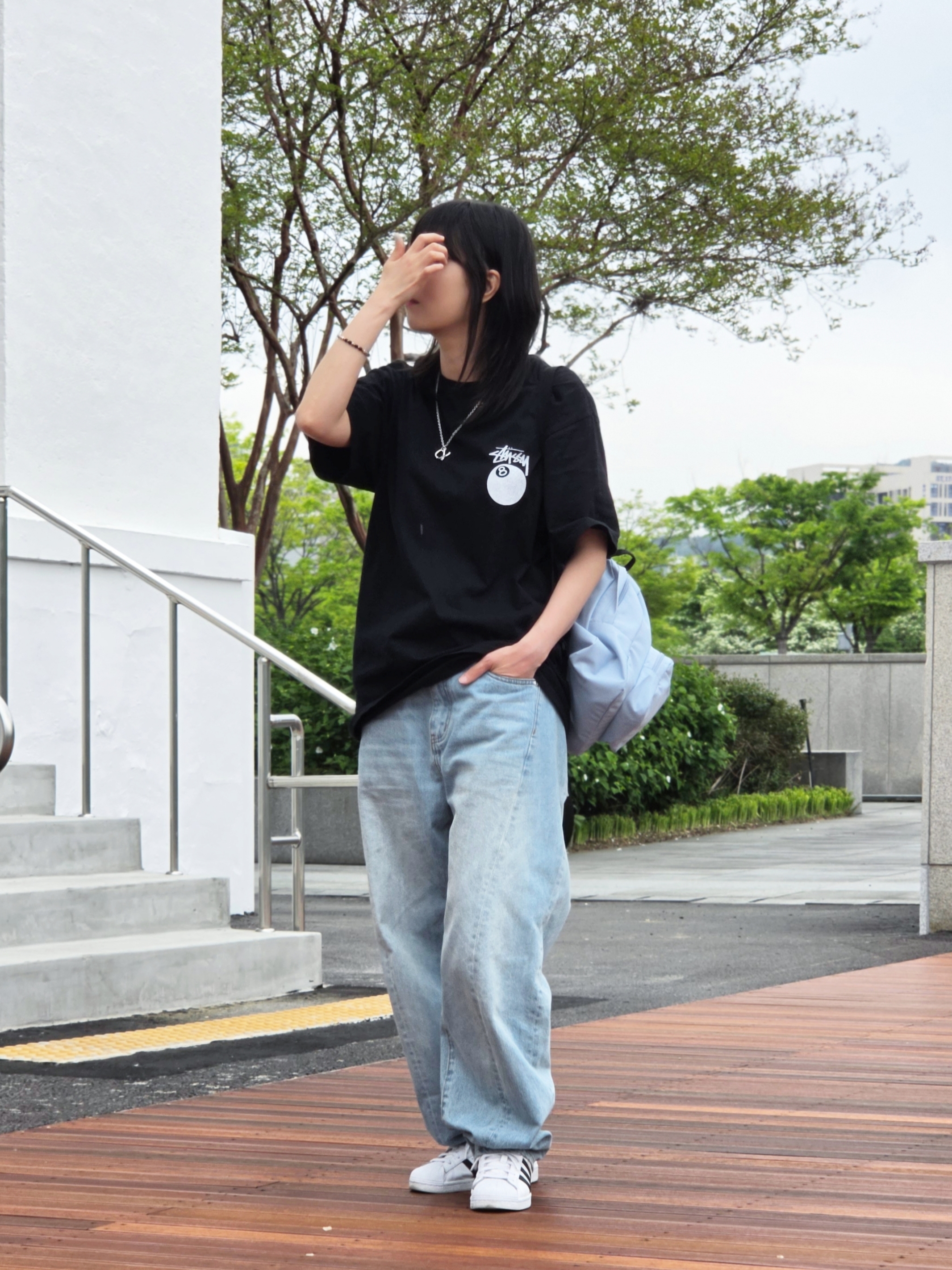 Stussy 8 Ball Pigment Dyed T-Shirt Black, Jansport Half Pint Mini Backpack Blue Dusk 착용 스타일 - 2
