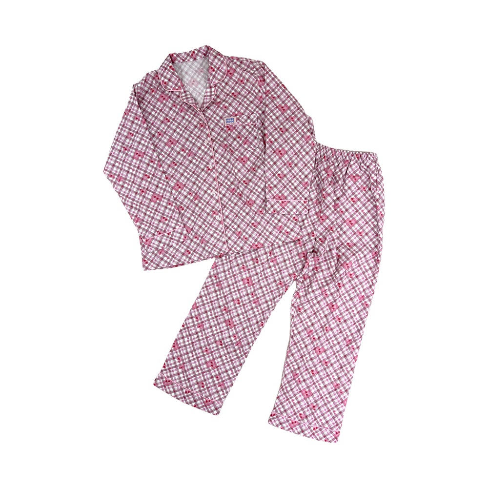 뮤즈무드 하트 체크 파자마 파이핑 40수면모달 잠옷 핑크(Musemood Heart Check Pajama Pink)