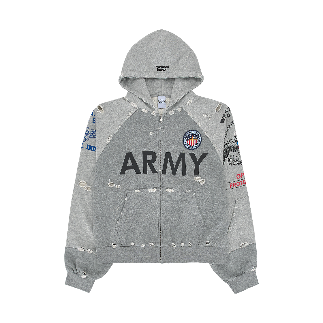 프로토콜 인덱스 리컨스트럭티드 집 후드 멜란지 그레이(Protocol Index Reconstructed Zip Hoodie Melange Grey)