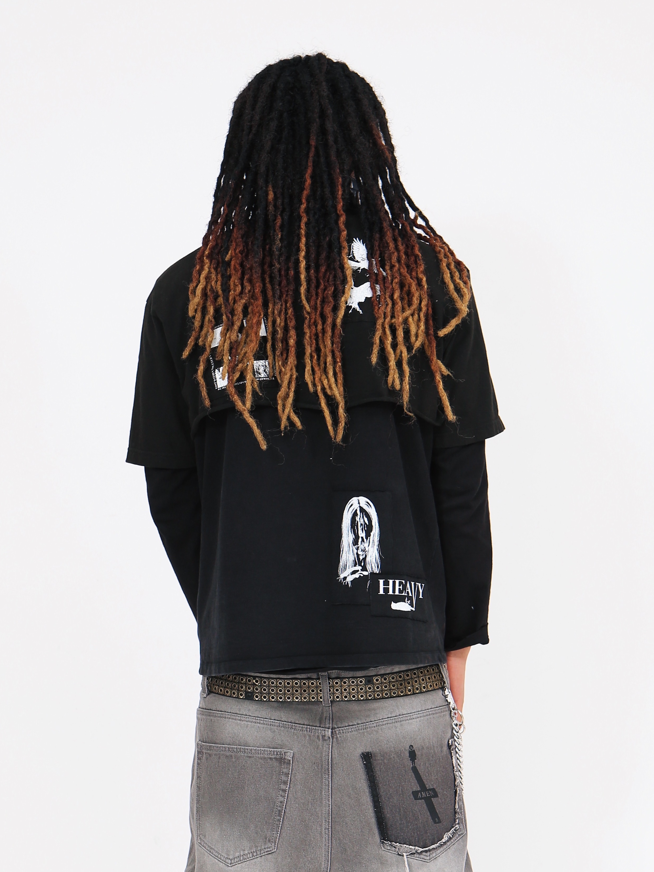 Heavy Rain Knee Destroyed Denim Baggy Pants Dirty Grey, Heavy Rain Bleached Ombre Zipup Shirt Black 착용 스타일 - 8