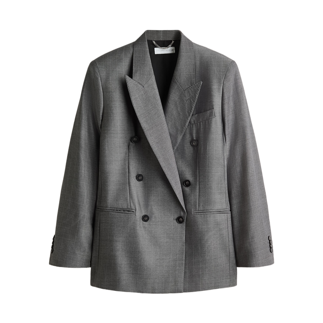 (W) 에이치앤엠 x 스텔라 맥카트니 더블 브레스티드 울 자켓 다크 그레이 핀스트라이프((W) H&M x Stella McCartney Double-Breasted Wool Jacket Dark Grey Pinstripe)