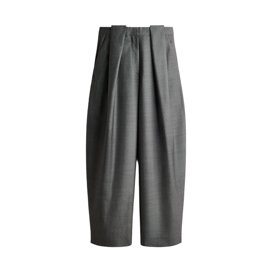 (W) 에이치앤엠 x 스텔라 맥카트니 배럴 레드 울 팬츠 다크 그레이 핀스트라이프((W) H&M x Stella McCartney Barrel Leg Wool Pants Dark Grey Pinstripe)