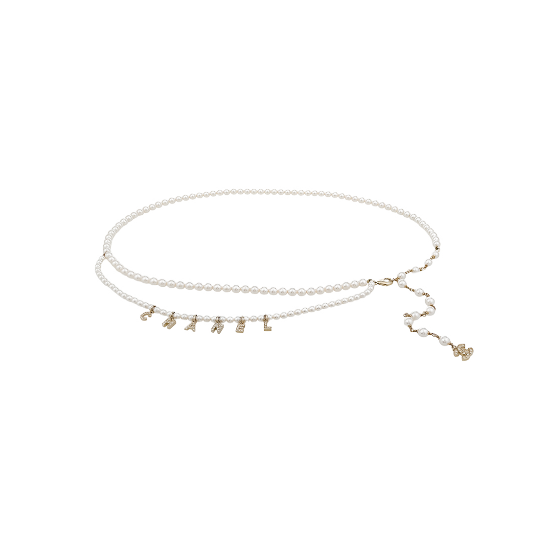 ITKW4T8I8S7H Chanel 20B Lettering Charm Layered Pearl Belt in Pearly White & Champagne Gold