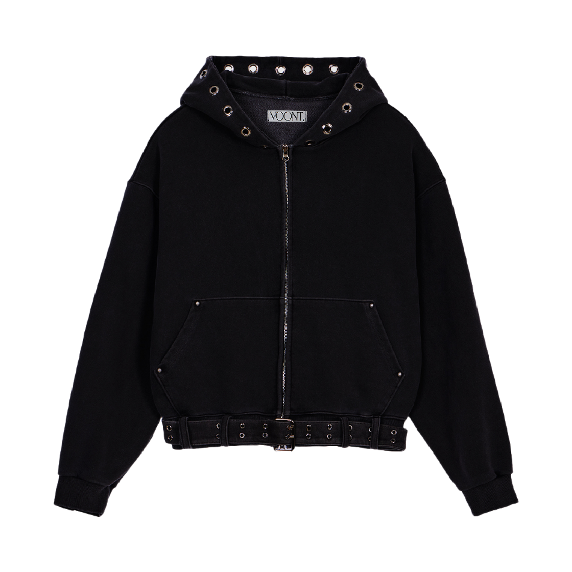 분트 아일렛 벨트 후드집업 블랙(VOONT Eyelet Belt Hood Zip-up (BLACK)) - 1