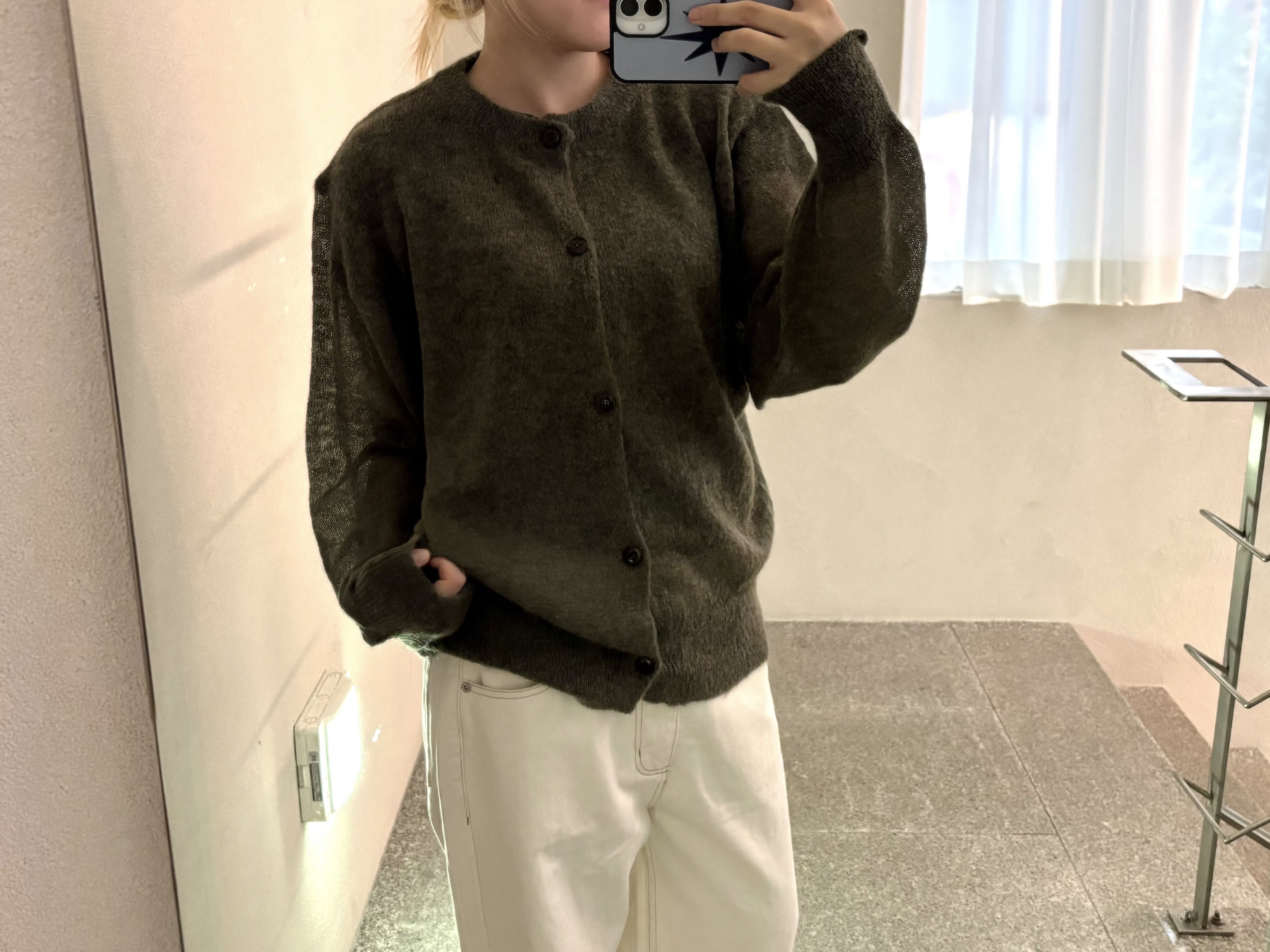 Sunday Ceremony Sheer Mohair Cardigan - Khaki, Sunday Ceremony Relaxed Japanese Denim Jeans - White 착용 스타일