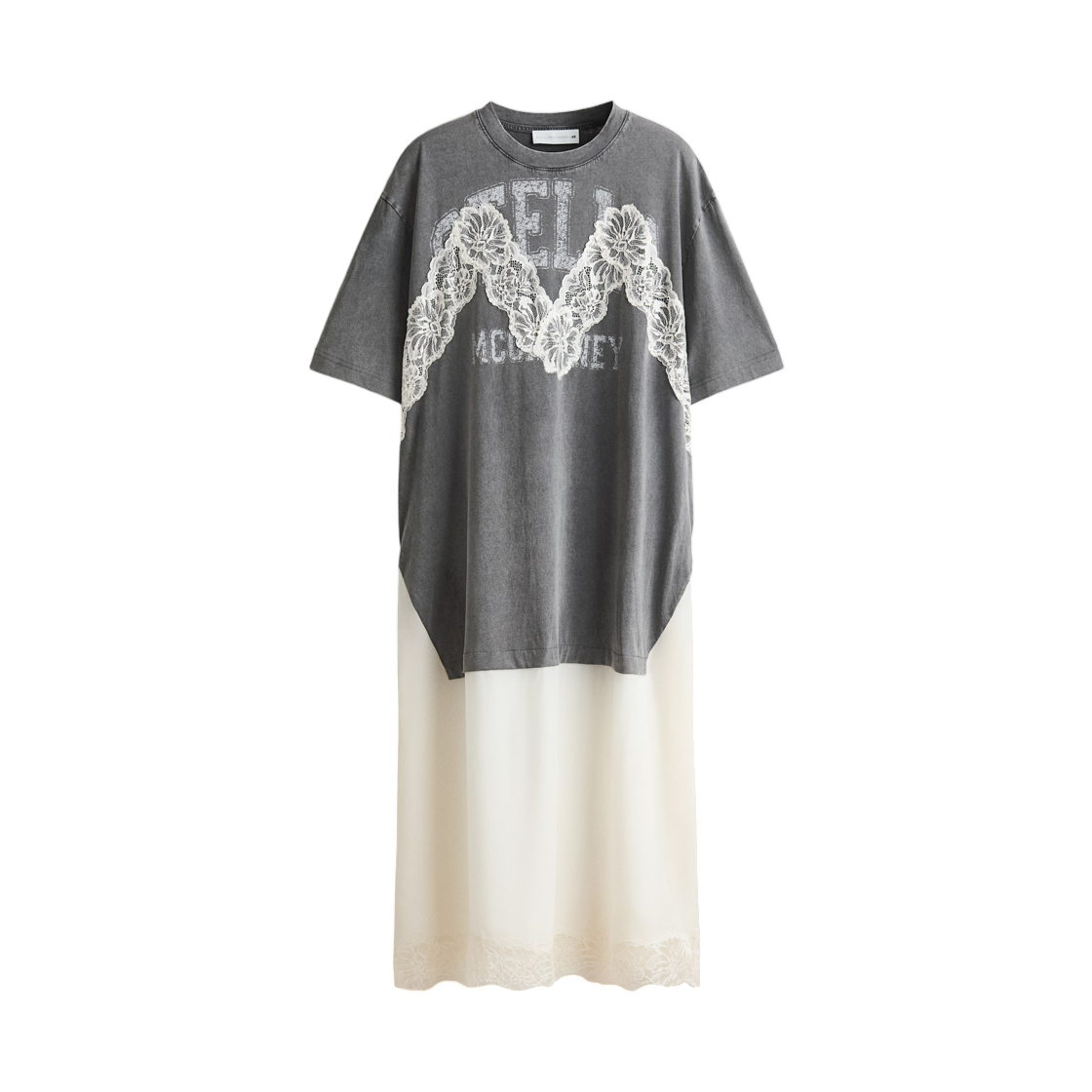 (W) 에이치앤엠 x 스텔라 맥카트니 레이스 트리밍 티셔츠 드레스 다크 그레이((W) H&M x Stella McCartney Lace-trimmed T-shirt Dress Dark Grey)