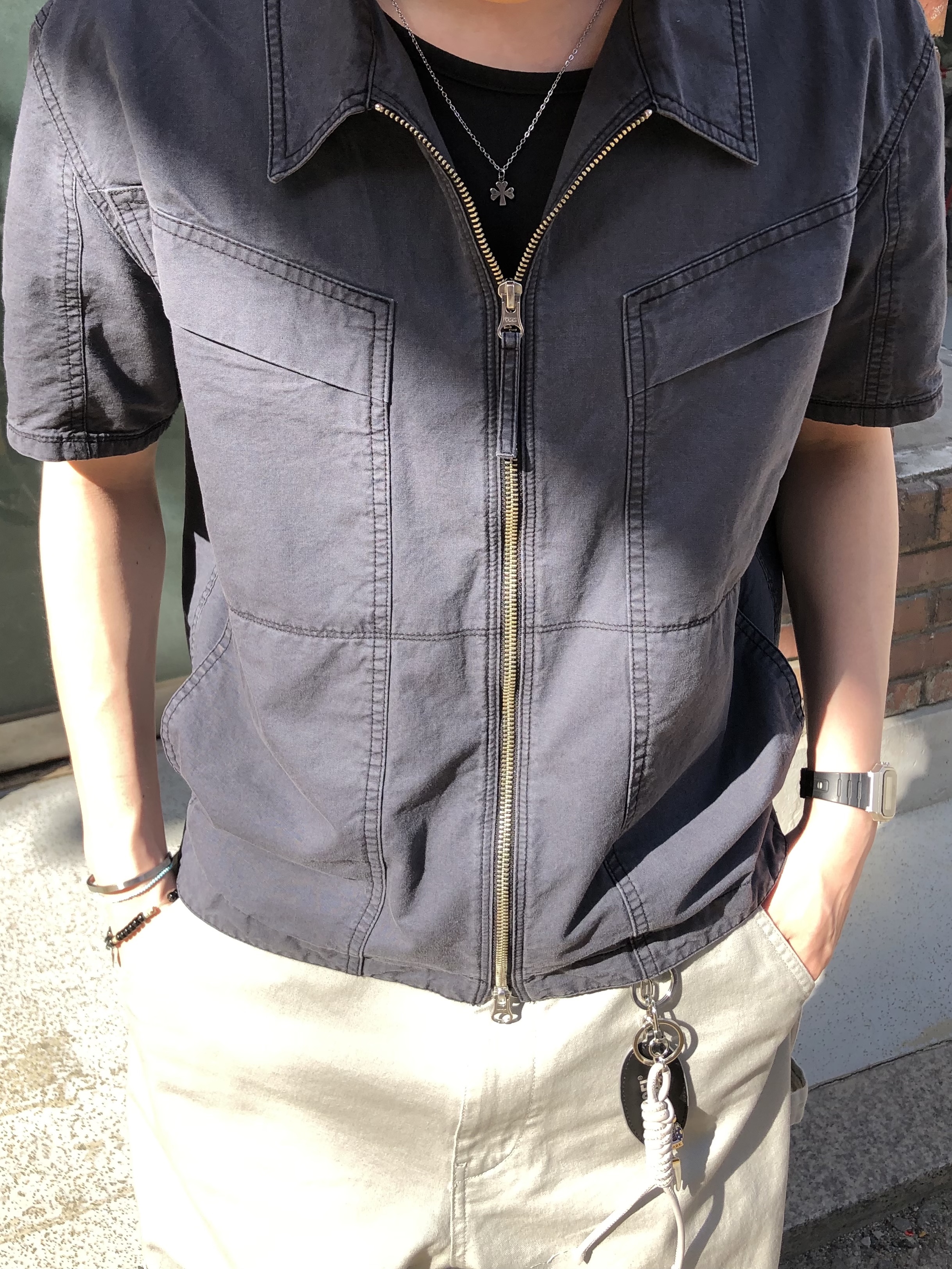 CHOWOO Vintage Washed Flap Pockets Work Shacket  Washed Charcoal, CHOWOO Vintage Washed Downfall Cap Washed Black 착용 스타일 - 4