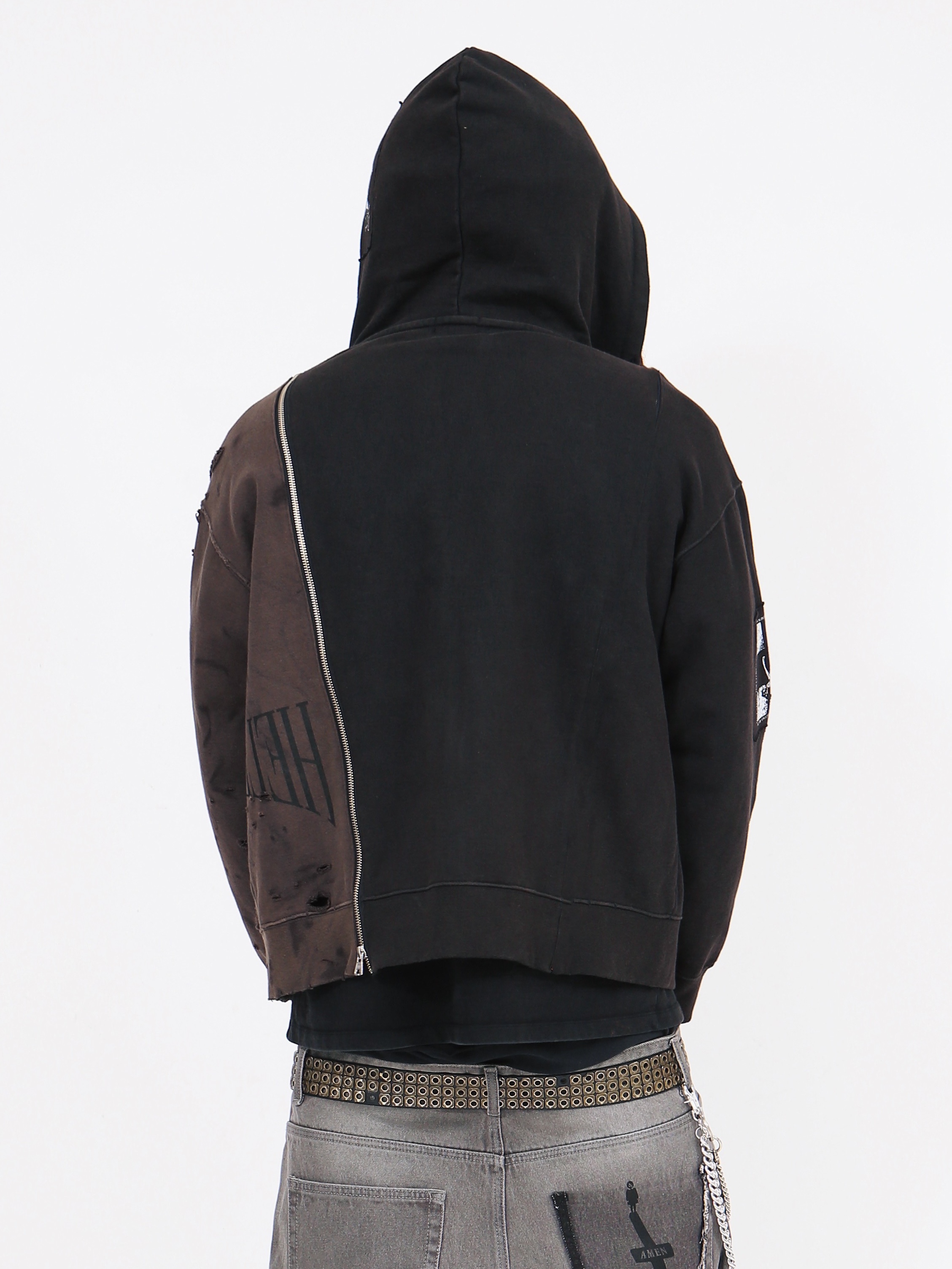 Heavy Rain Knee Destroyed Denim Baggy Pants Dirty Grey, Heavy Rain Bleached Ombre Zipup Shirt Black 착용 스타일 - 10