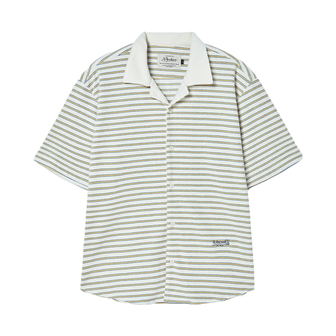 엔 아카이브 타월링 페브릭 스트라이프 오픈 카라 반팔 셔츠 옐로우(N ARCHIVE Toweling Fabric Stripe Open Collar Shirts Yellow)