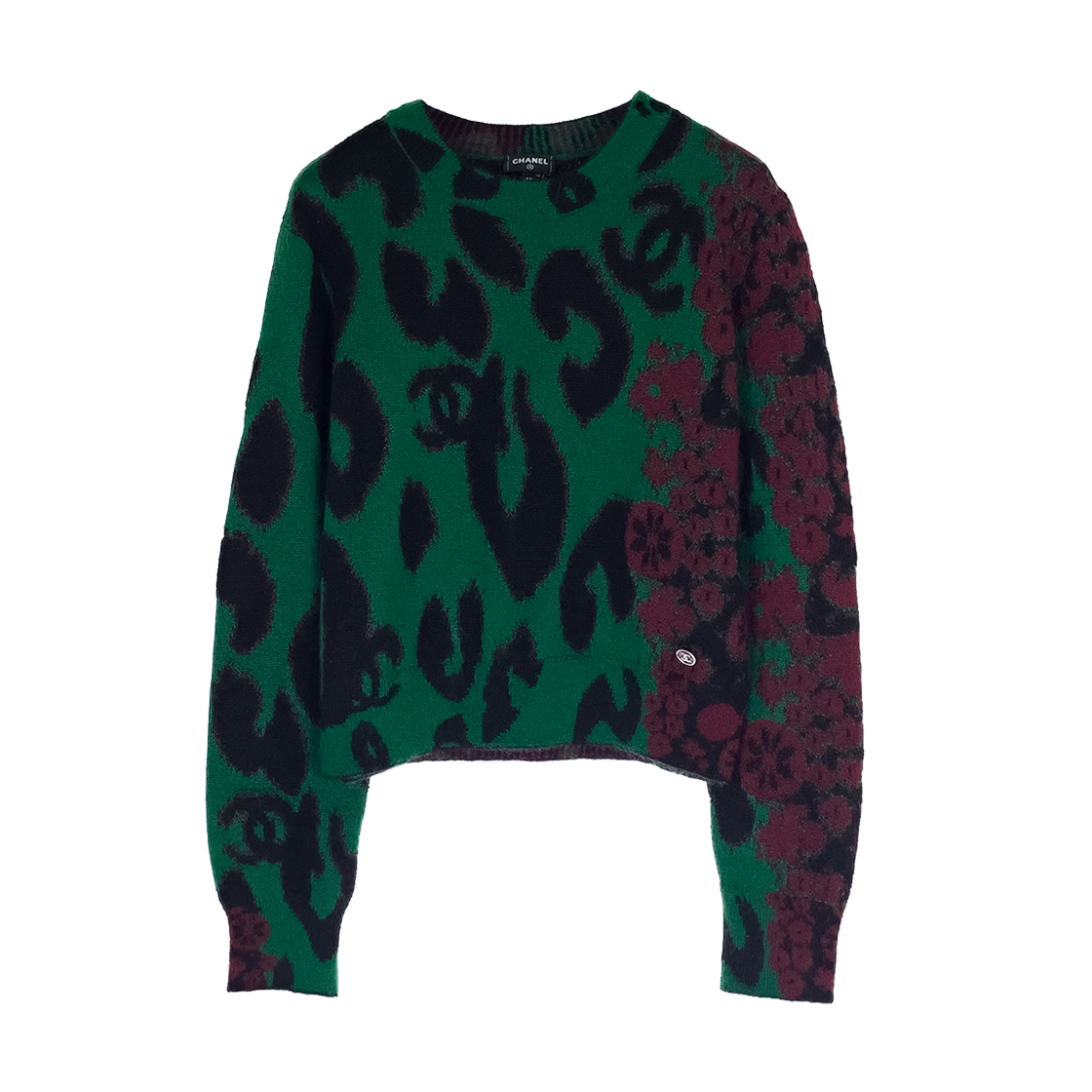 샤넬 23A CC로고 레오파드 풀오버 38 그린 & 블랙 & 버건디(6ET0686)(Chanel 23A CC Logo Leopard Pullover Green & Black & Burgundy 6ET0686)