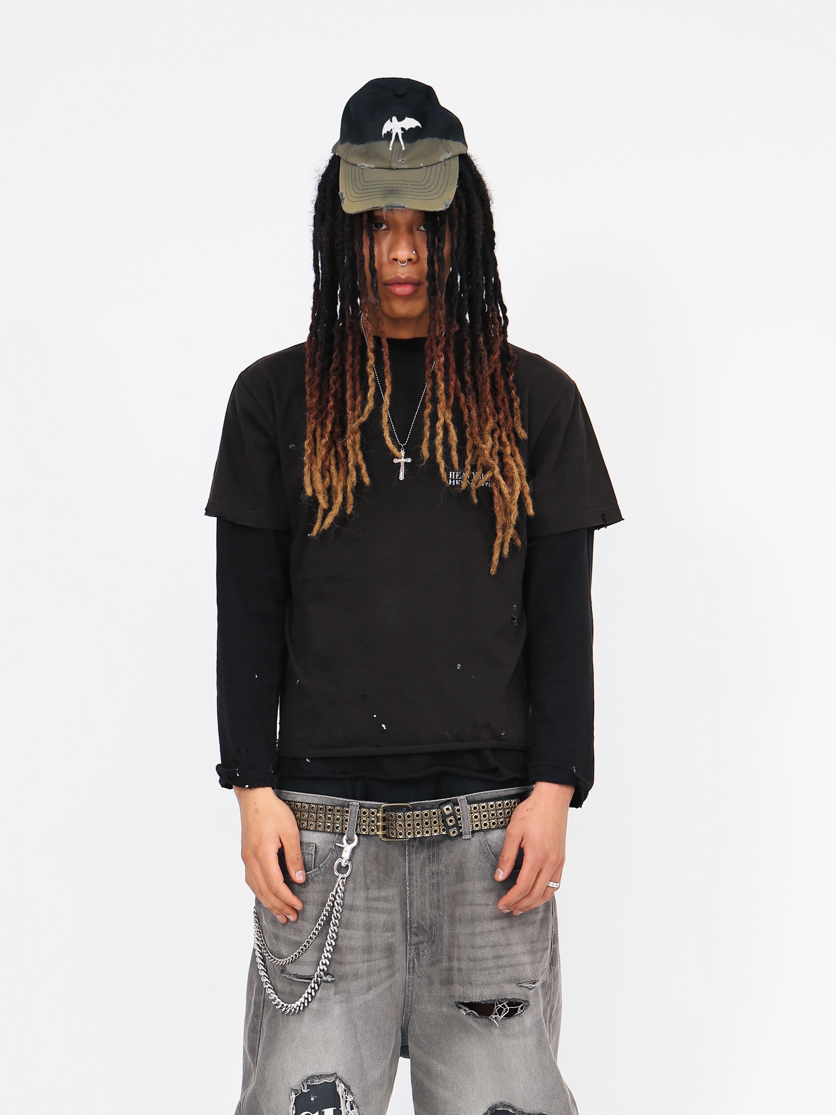 Heavy Rain Knee Destroyed Denim Baggy Pants Dirty Grey, Heavy Rain Bleached Ombre Zipup Shirt Black 착용 스타일 - 5