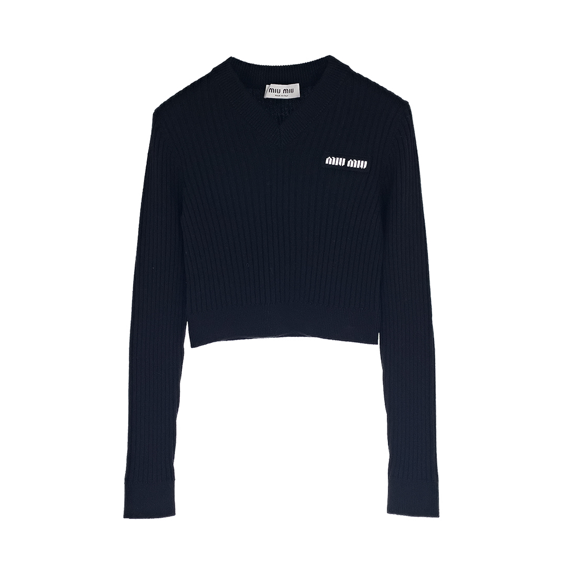 미우미우 로고 크롭 니트 롱슬리브 36 블랙 (6ET0696)(Miu Miu Logo Cropped Knit Long Sleeve Top Black)