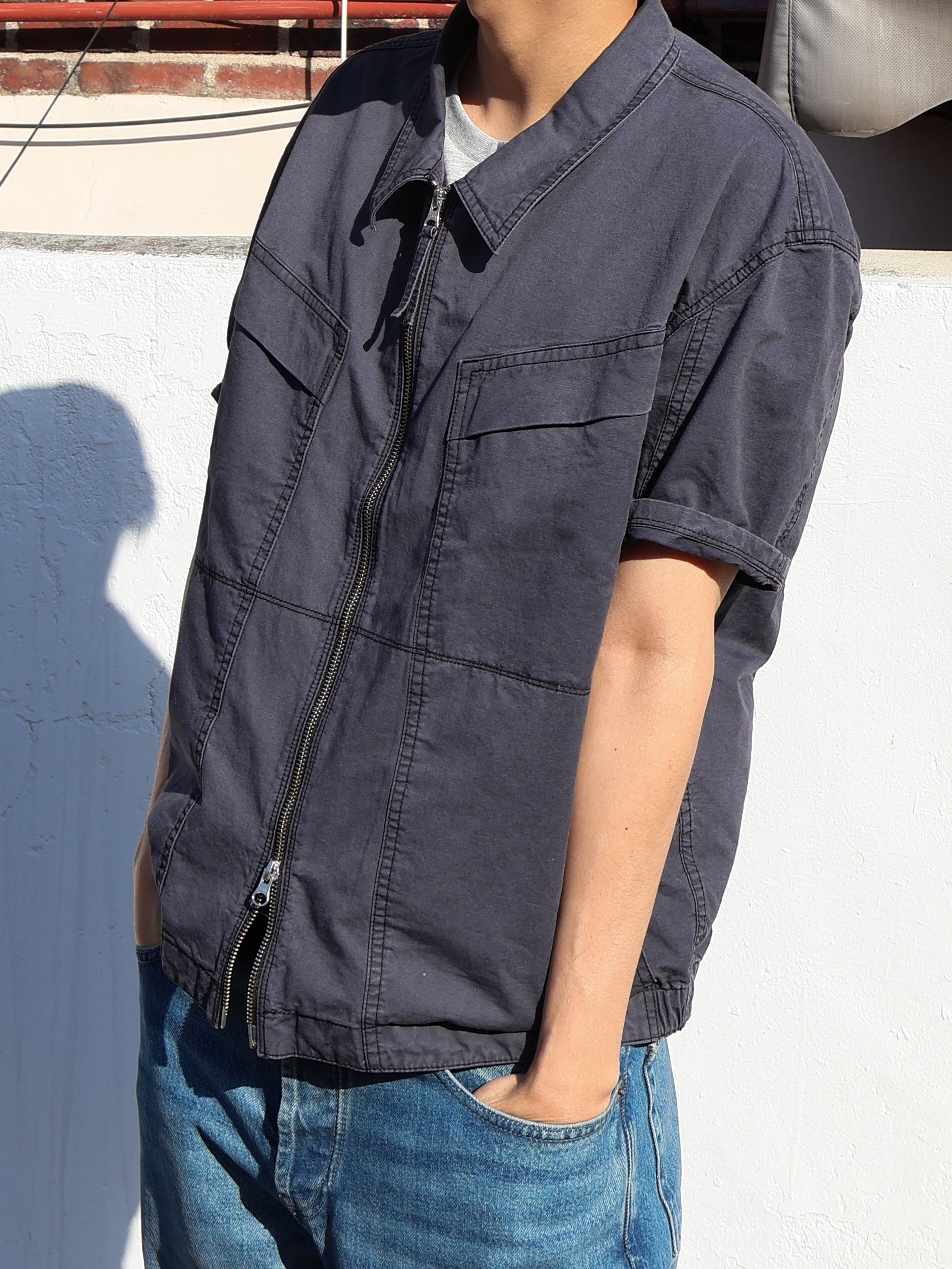 CHOWOO Vintage Washed Flap Pockets Work Shacket  Washed Charcoal, CHOWOO Washed Crows Cap Washed Black 착용 스타일 - 1