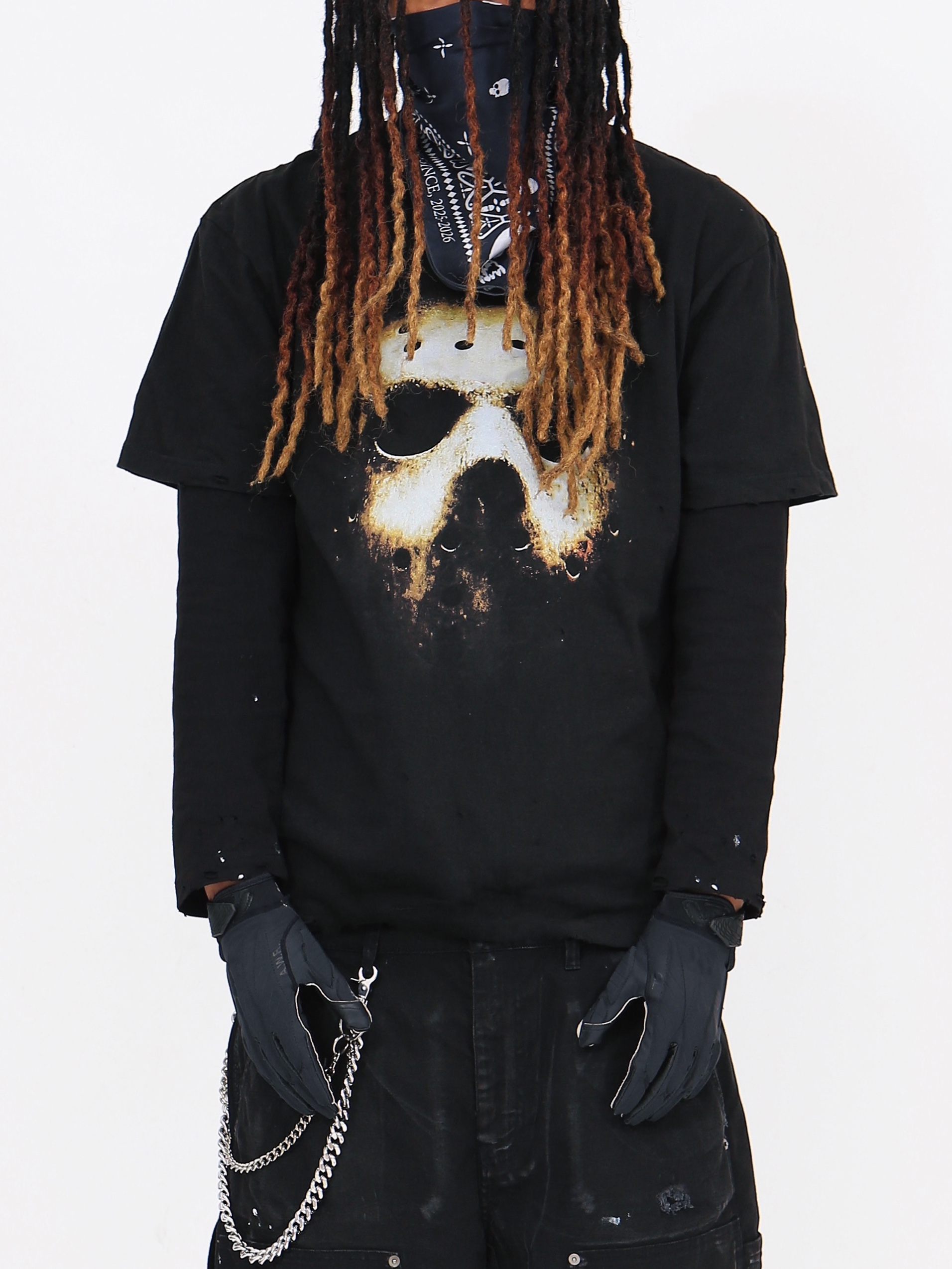 Heavy Rain Knee Destroyed Denim Baggy Pants Dirty Grey, Heavy Rain Bleached Ombre Zipup Shirt Black 착용 스타일 - 9