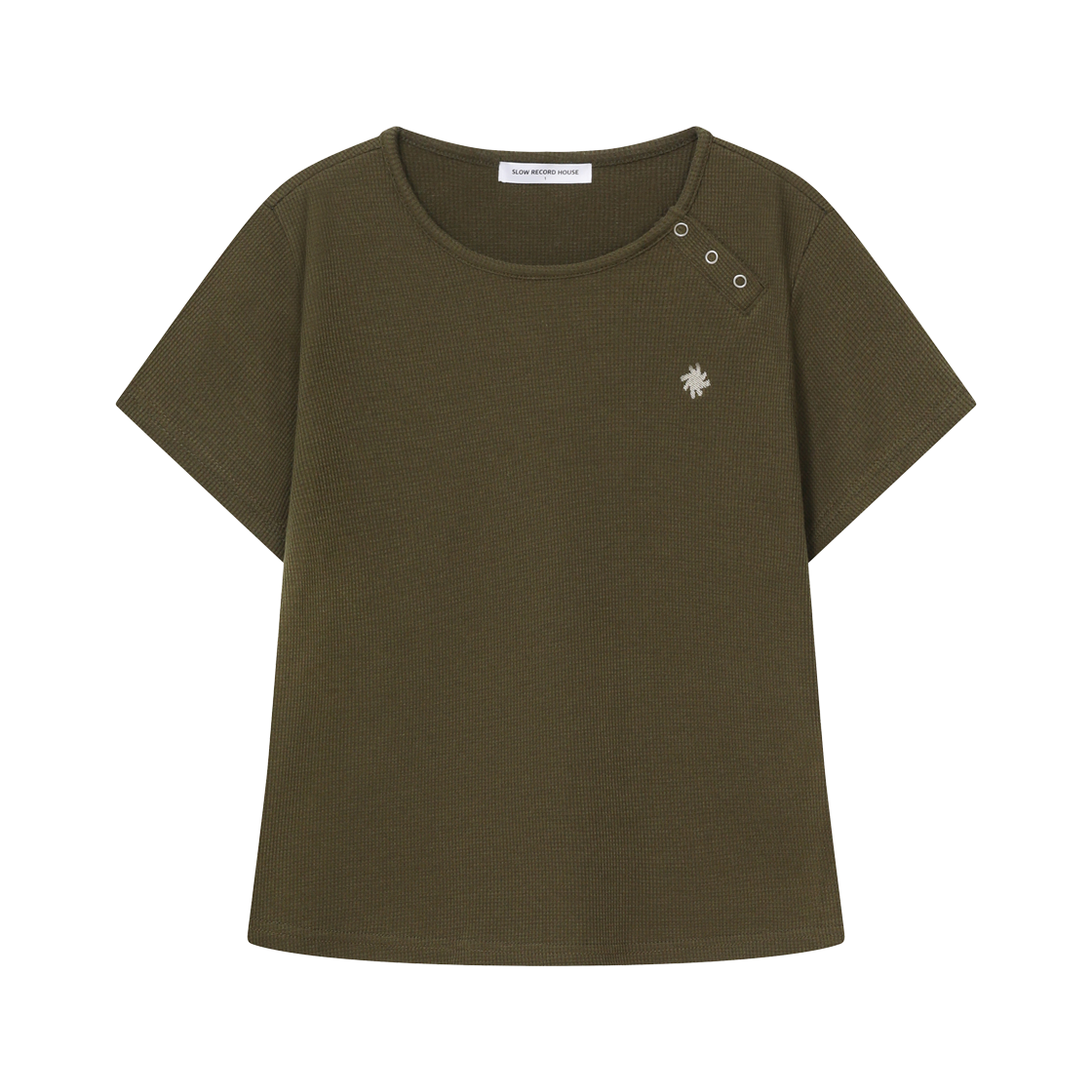 슬로우 레코드 하우스 헨리넥 아일렛 티셔츠 카키(SLOW RECORD HOUSE Henley Neck Eyelet T-Shirt Khaki)