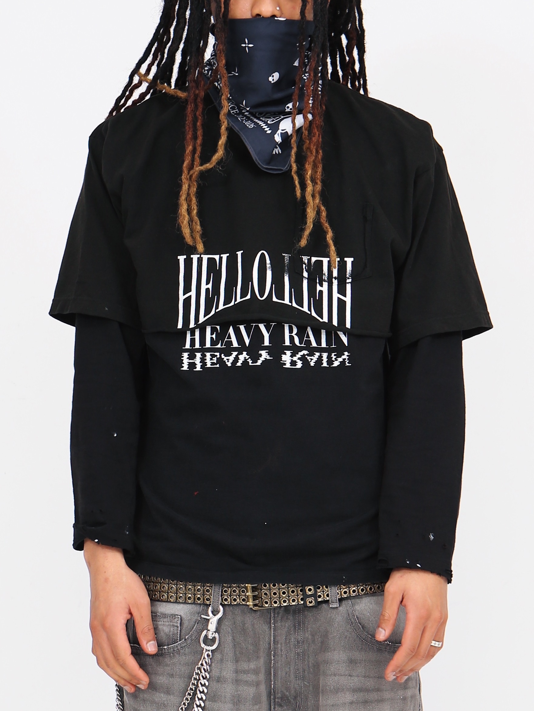 Heavy Rain Knee Destroyed Denim Baggy Pants Dirty Grey, Heavy Rain Bleached Ombre Zipup Shirt Black 착용 스타일 - 7