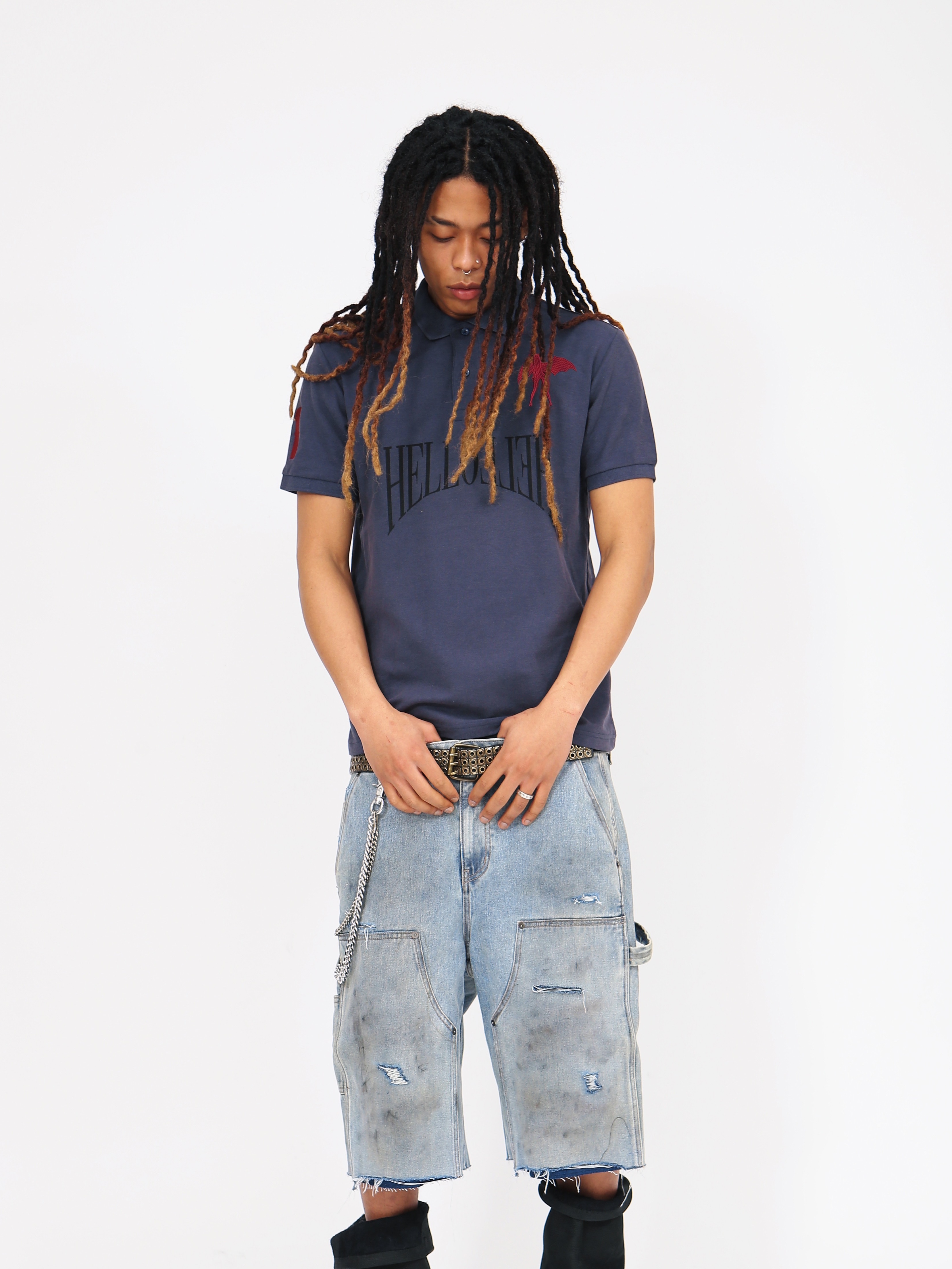 Heavy Rain Knee Destroyed Denim Baggy Pants Dirty Grey, Heavy Rain Bleached Ombre Zipup Shirt Black 착용 스타일 - 6
