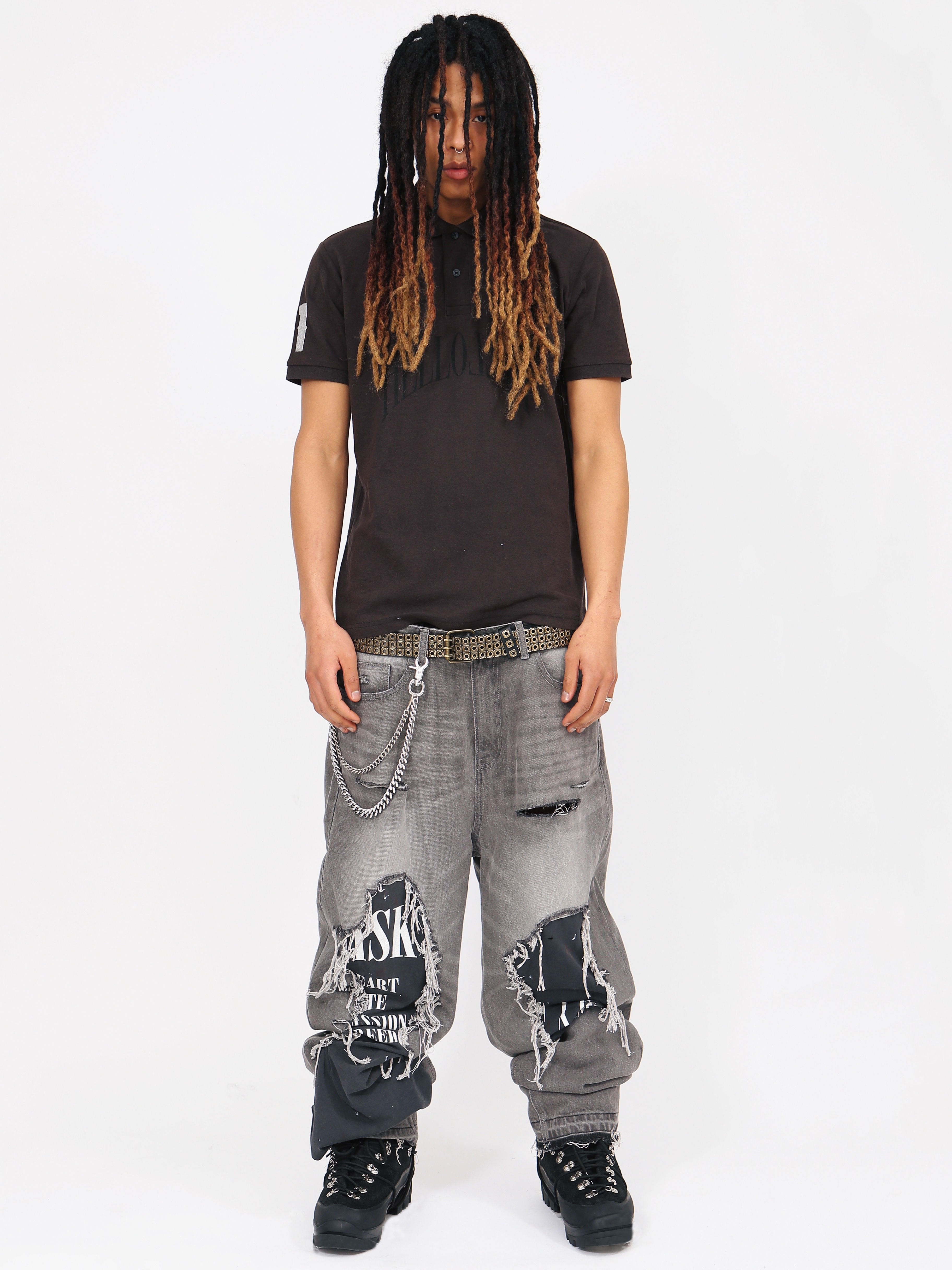 Heavy Rain Knee Destroyed Denim Baggy Pants Dirty Grey, Heavy Rain Bleached Ombre Zipup Shirt Black 착용 스타일 - 1