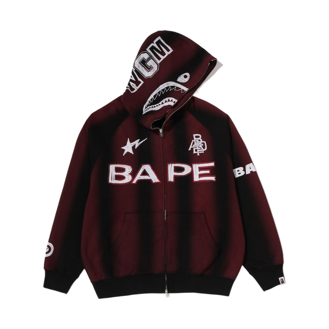 베이프 핸드 드로우 풋볼 샤크 릴렉스드 핏 풀 집 후드 블랙(BAPE Hand Draw Football Shark Relaxed Fit Full Zip Hoodie Black)