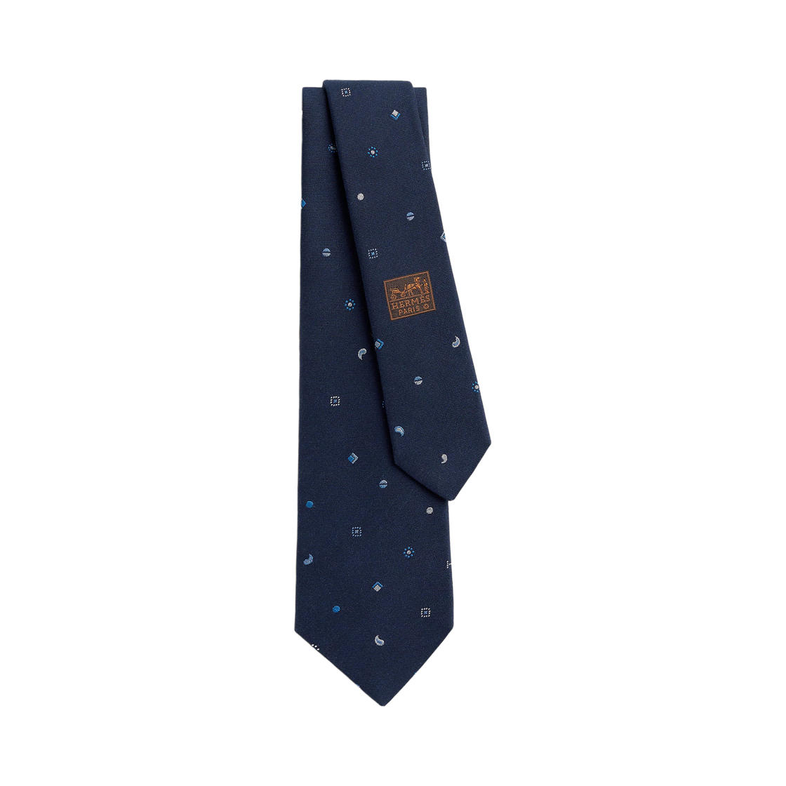 H349419T02 Hermes H Paisley Tie Marine Blanc Bleu Moyen