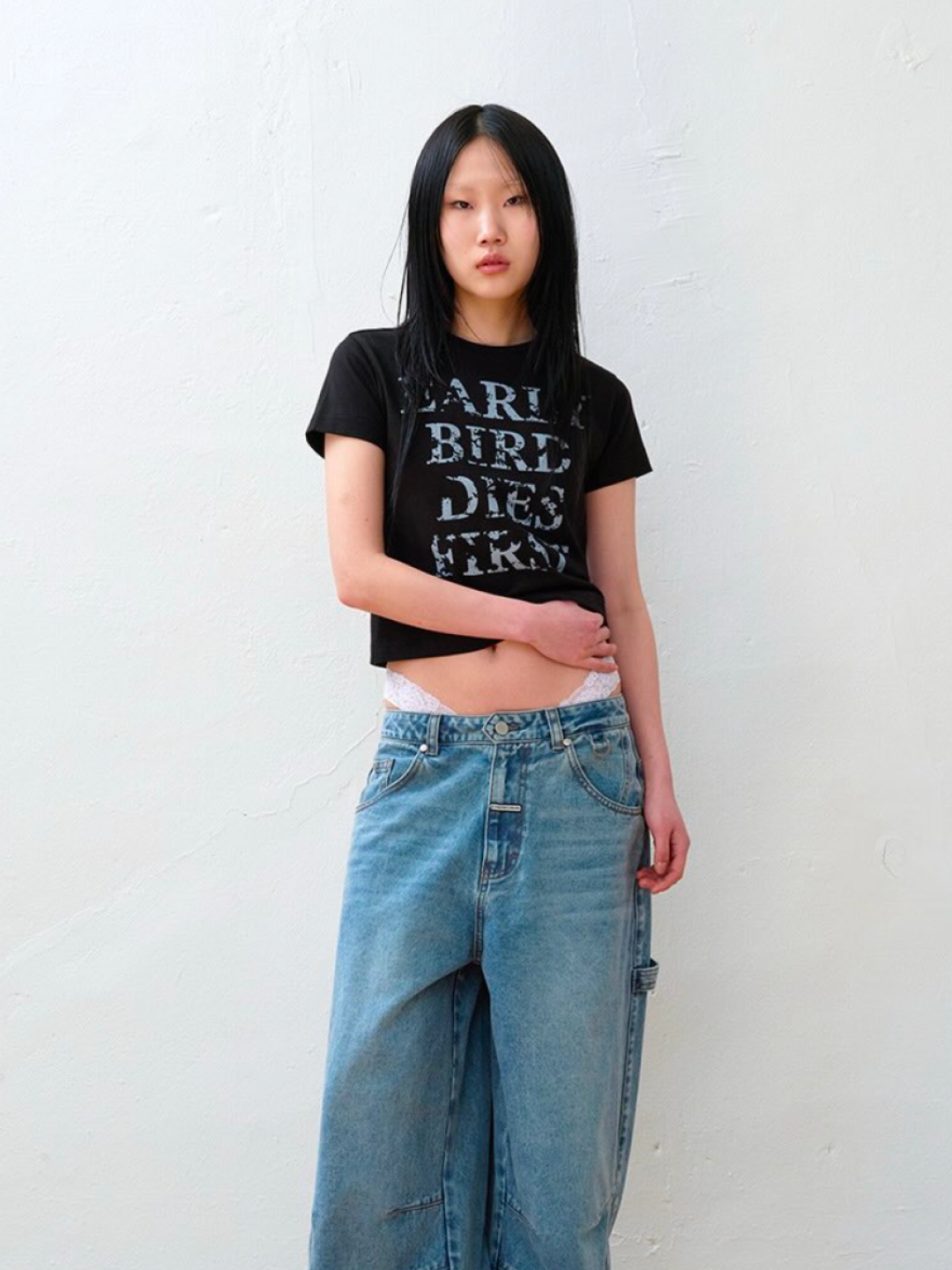 Thevinylhouse Early Bird Dies Tee Black, Thevinylhouse Three-Quarter Sleeve Shirts (W) Brown 착용 스타일 - 2