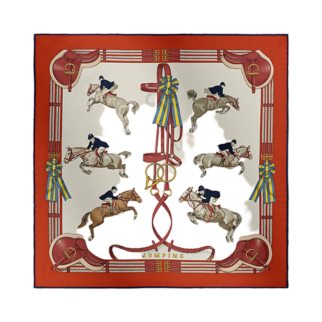 H891526S01 (W) Hermes Jumping Scarf 45 Silk Twill & Terracotta Creme Blue Marine