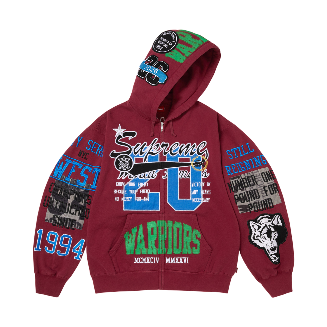 슈프림 워리어스 아플리케 집업 후드 스웨트셔츠 카디널 - 26SS(Supreme Warriors Applique Zip Up Hooded Sweatshirt Cardinal - 26SS) - 2