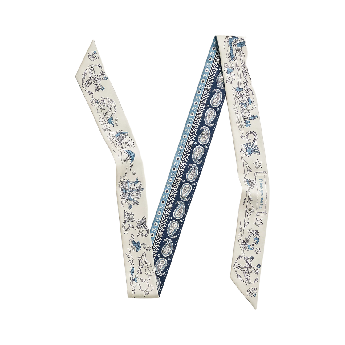 H853374S03 (W) Hermes Tatouages Marins Bandana Stud Twill Bleu Marine Bleu Jean Blanc
