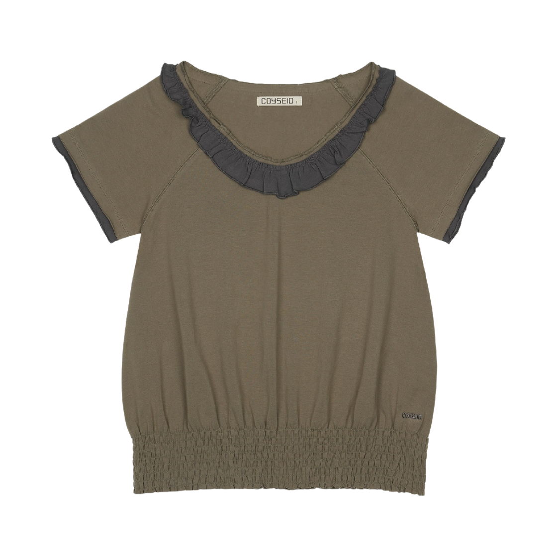 코이세이오 러플 브이넥 스모크 티셔츠 올리브(COYSEIO Ruffle V-Neck Smocked T-Shirt Olive)