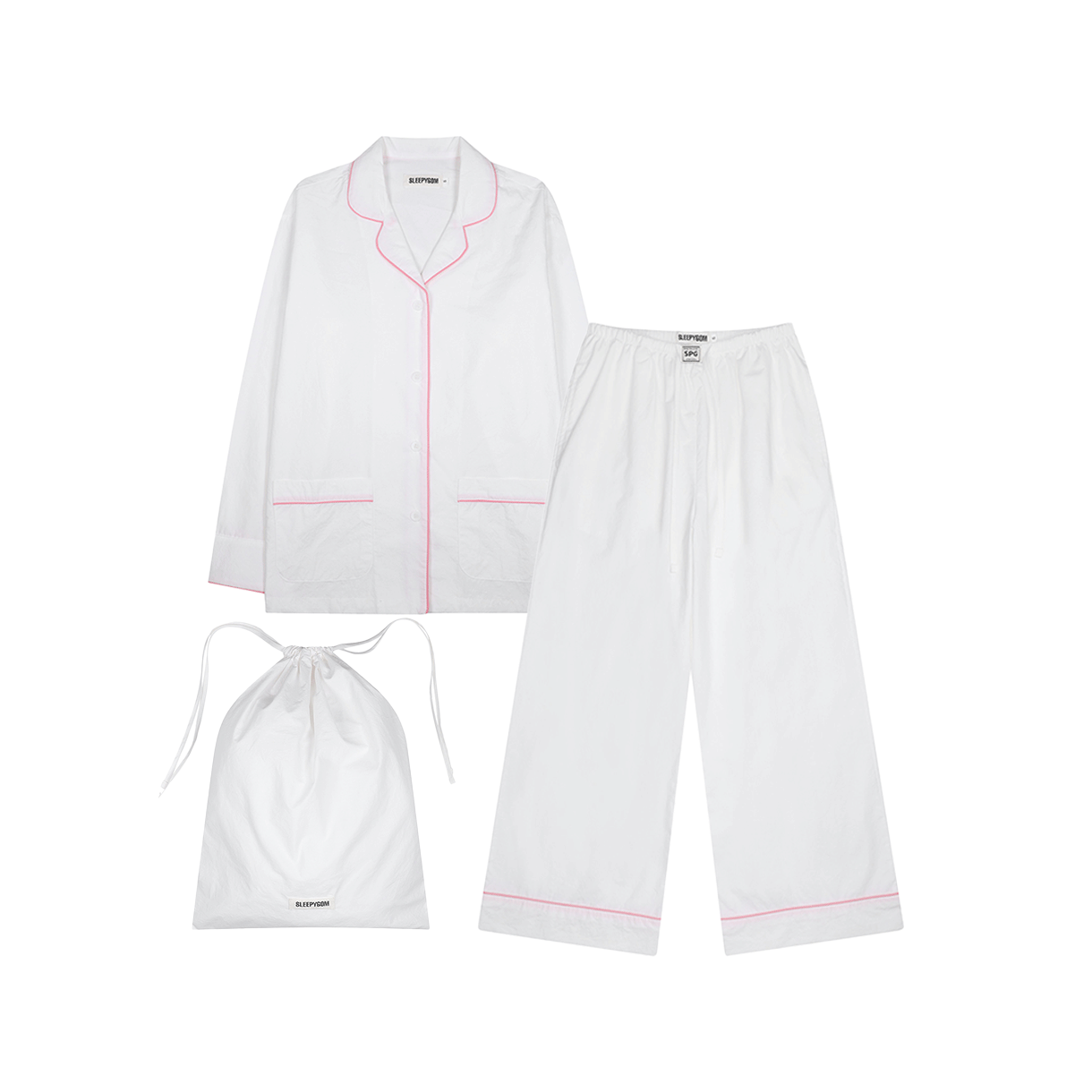 슬리피곰 핑크 파이핑 화이트 파자마 세트(Sleepygom Pink piping white pajama set) - 1