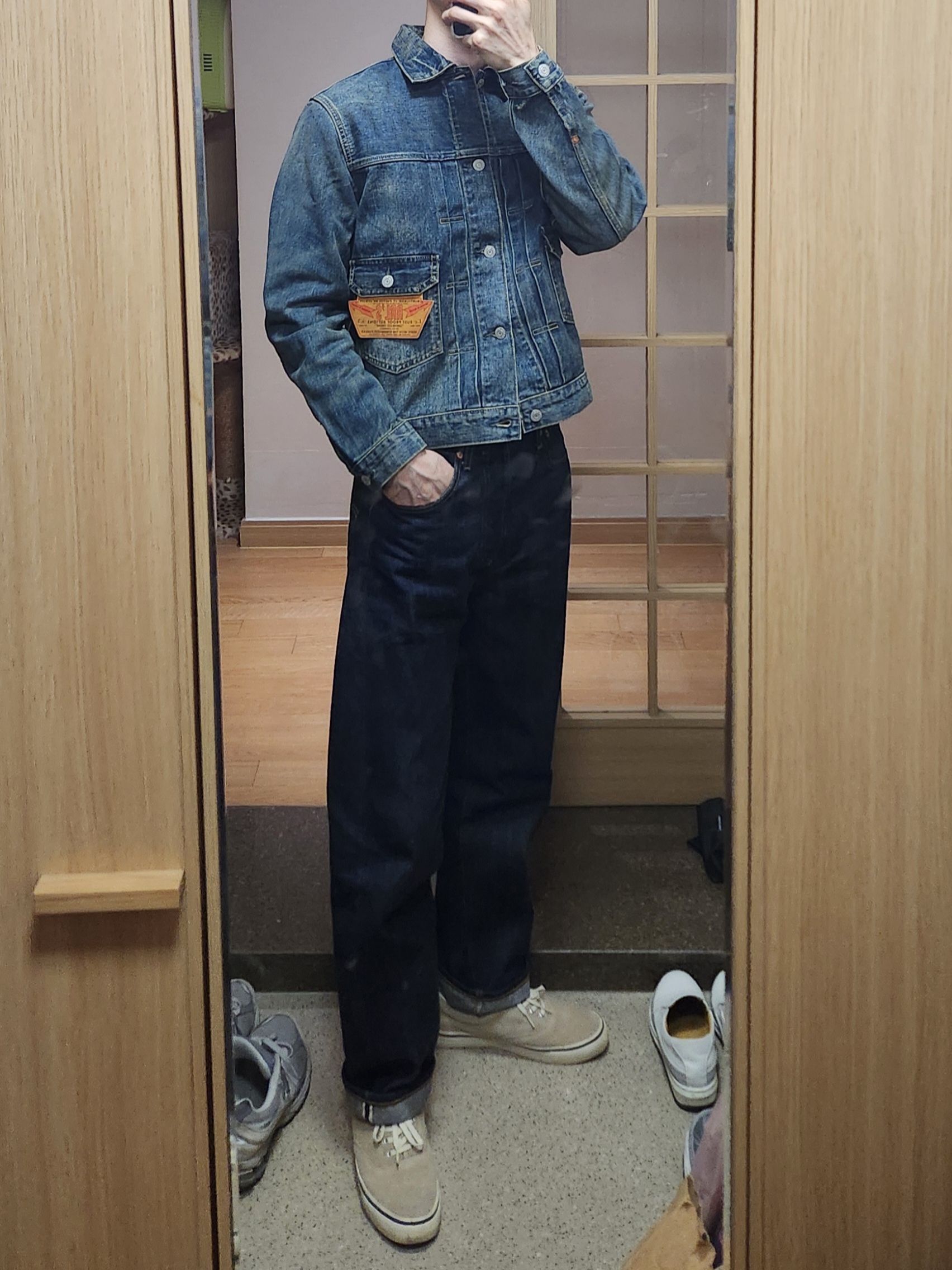 Double RL Westview Denim Trucker Jacket Westview Wash, [무료 반품] Catch Ball D02 Suede Beige 착용 스타일