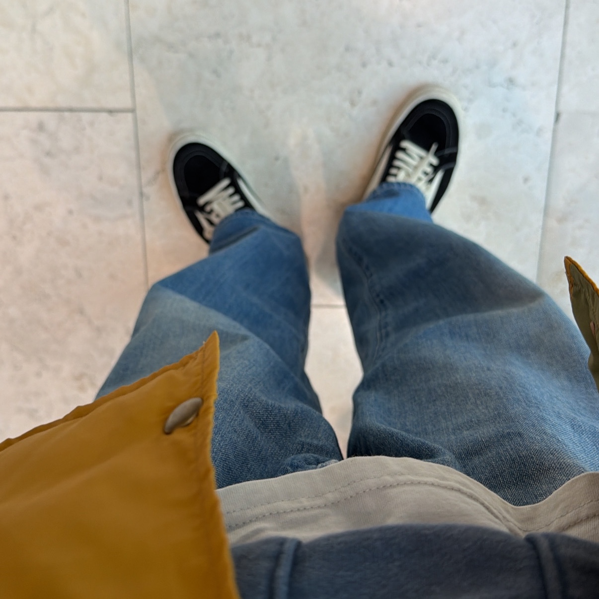 A.Presse No.22 Washed Wide Denim Pants Indigo - 26SS, A.Presse Vintage Attached Hood Sweat Parka Blue - 26SS 착용 스타일