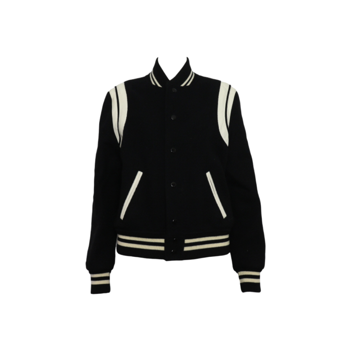 ITMFCOELIL6J Saint Laurent Black Wool Teddy Varsity Bomber Jacket Leather Trimming
