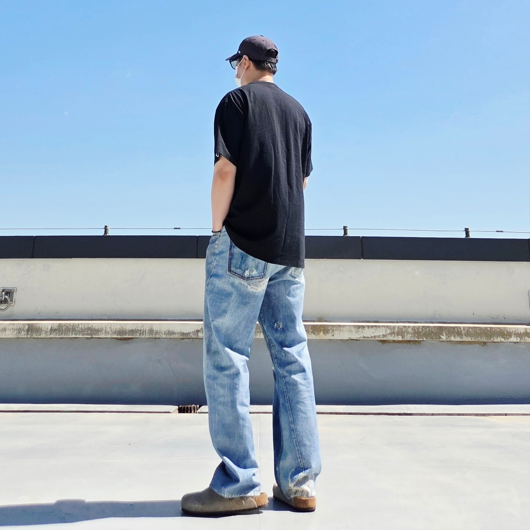 Our Legacy Third Cut Digital Denim Print, Birkenstock Boston Suede Leather Taupe - Regular 착용 스타일 - 3