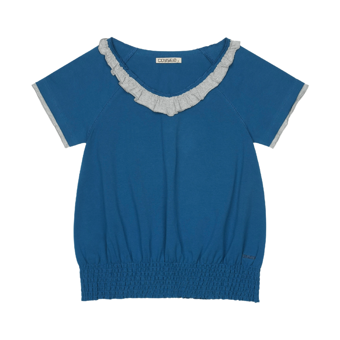 코이세이오 러플 브이넥 스모크 티셔츠 블루(COYSEIO Ruffle V-Neck Smocked T-Shirt Blue)