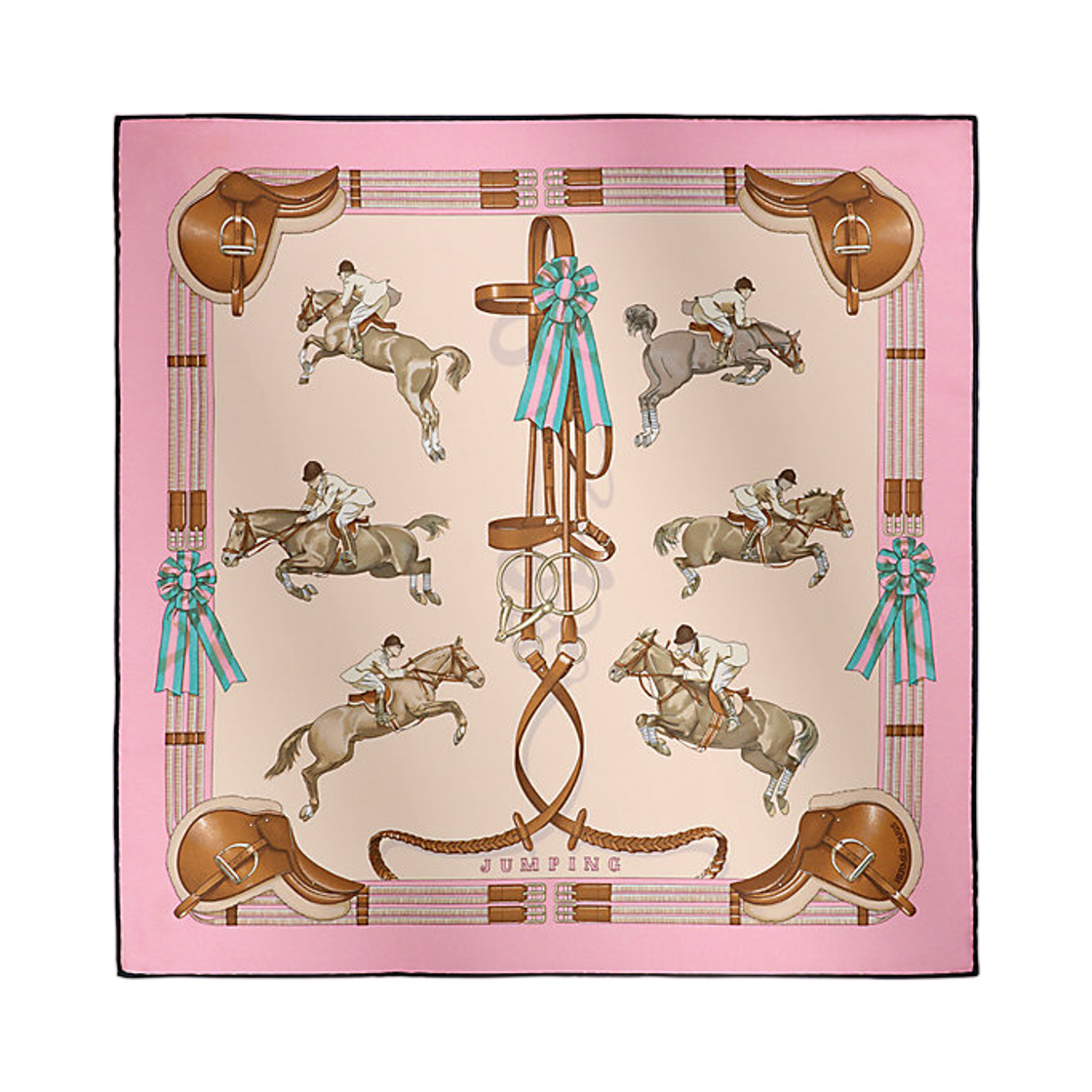 H891526S05 (W) Hermes Jumping Scarf 45 Silk Twill & Rose Bonbon Beige Alzang